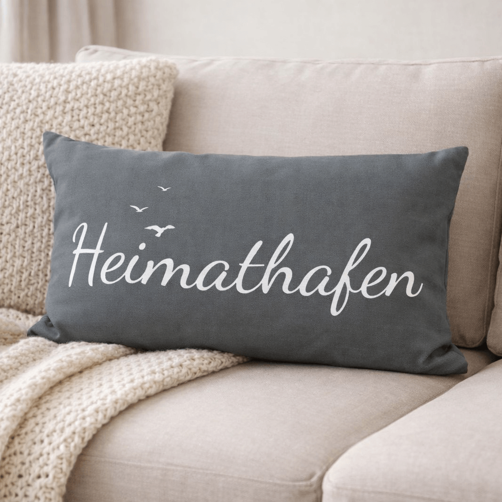 Decorative Cushion "" – Gray – . 53 X 31 Cm – White Lettering – Seagull Design – Maritime Home Cushion