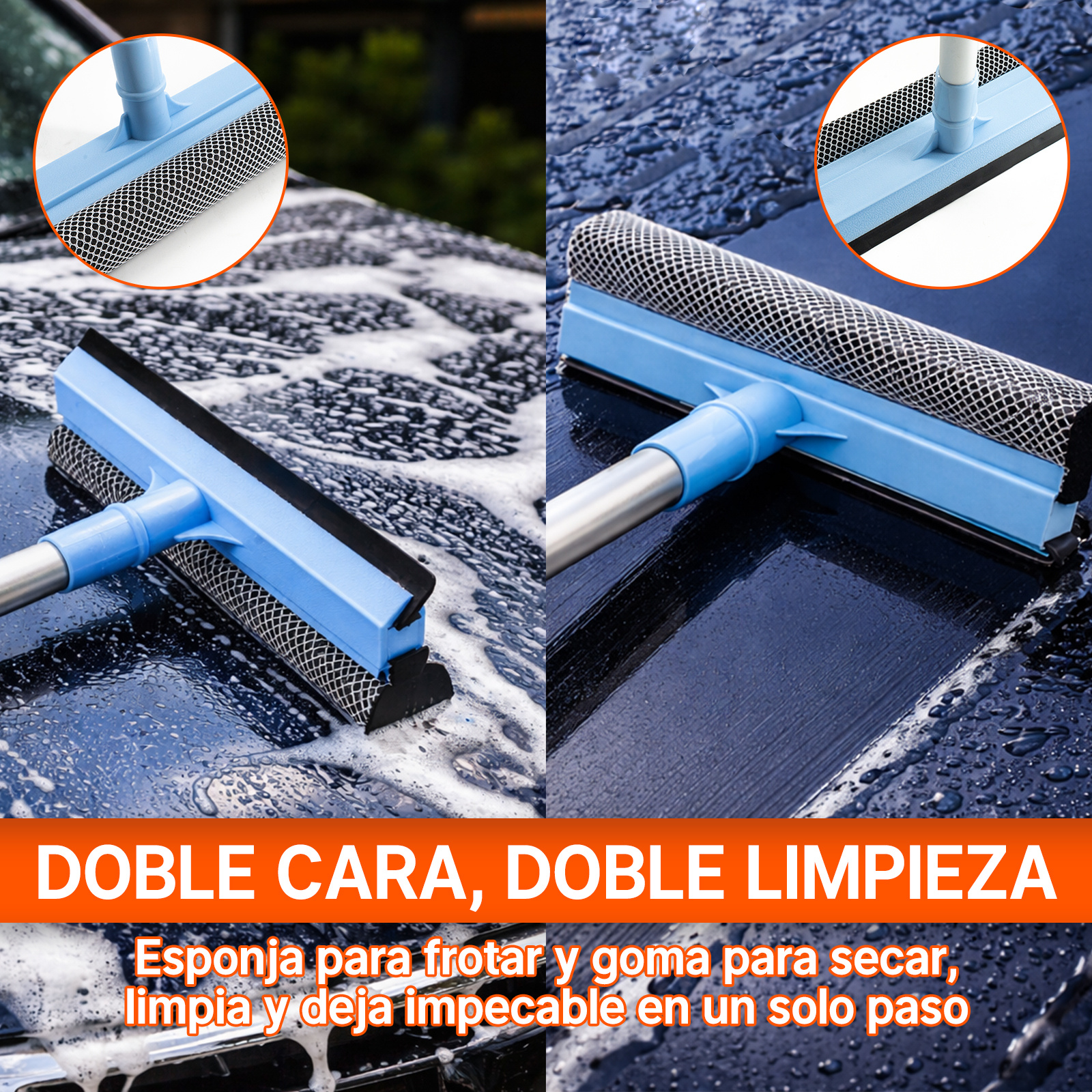 TEMU Limpiador de Cristales con Esponja de Densidad y Rasqueta de Silicona – Cabezal Giratorio, Antirayaduras, Ideal para Coche y Hogar