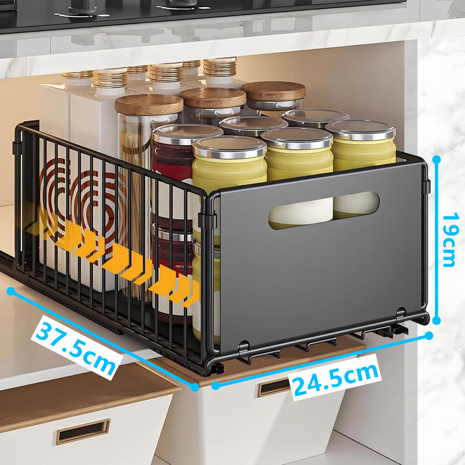 E-shop Ausziehbarer Schrankorganizer aus Edelstahl, Unterschrank Organizer, Schubladen-Organizer für Küchenschrank Schrank Essschrank Seitenschrank,