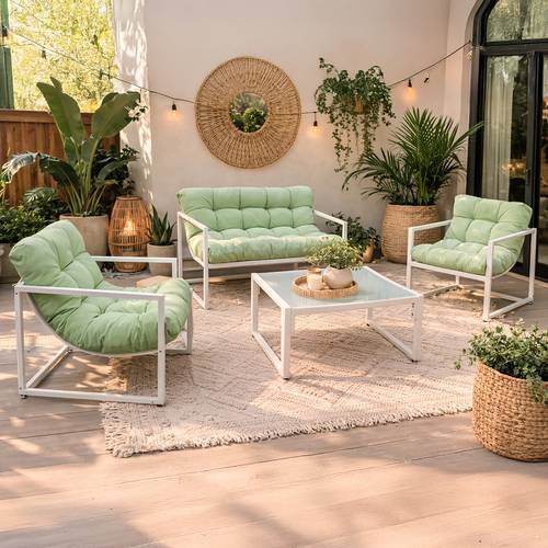 juego de muebles de jardín y patio neo de 4 piezas con cojines, sofá de metal, sofá de plazas, 2 sillas, de cristal para , patio trasero, jardín de invierno