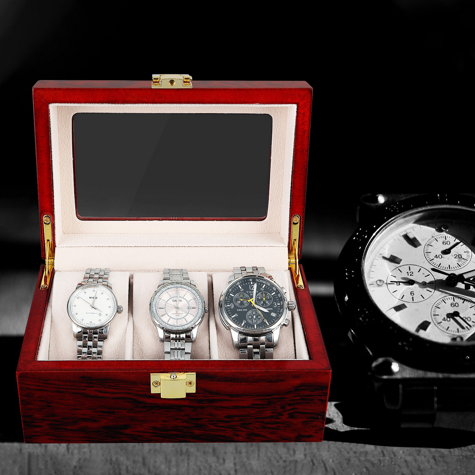 Watch Box With 3 Compartments, Glass Lid, Watch Box For Men And Women, Watch Display Box, Gift For