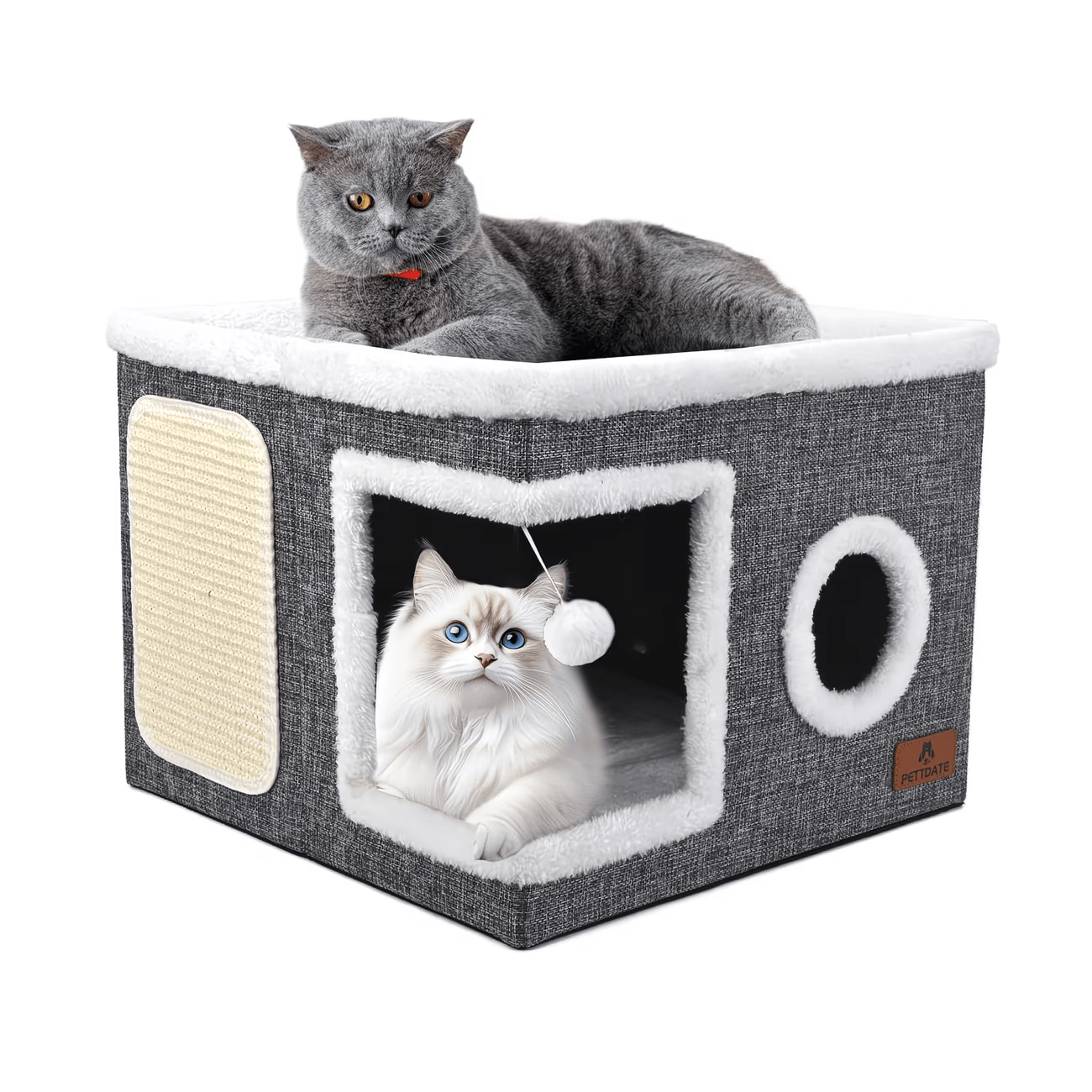 E-shop Katzenschlafplatz, multifunktionales Katzenhaus. Ein Katzenhöhlenbett mit Sisal-Kratzbrett und Fellknäueln, ein faltbarer Katzenwürfel-Raum, ein