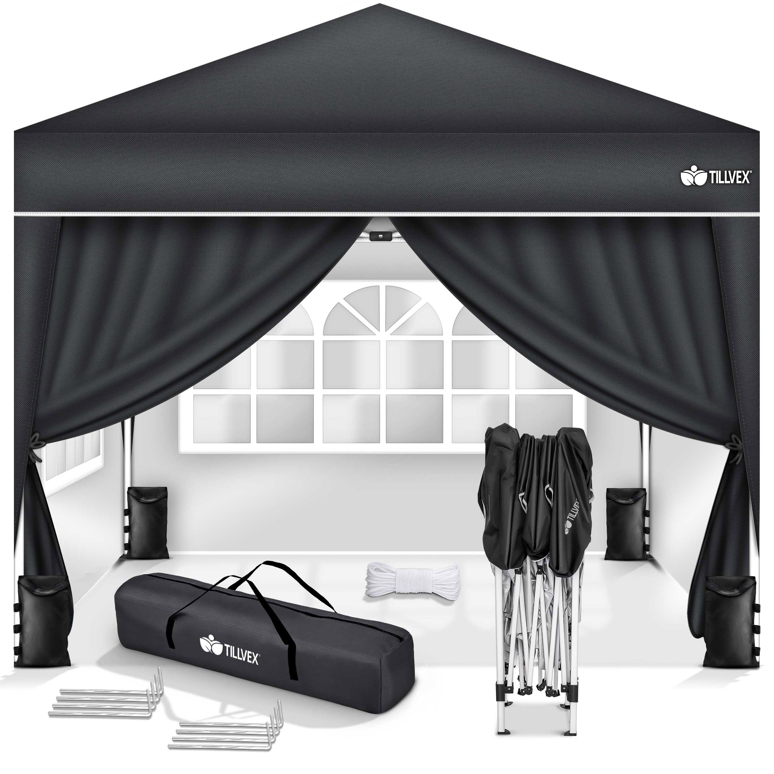 Image of Tillvex® 3x3m Collapsible + 4pcs Set Sandbags | Pop-up Folding Waterproof Stable & Height Adjustable | Garden Tent Uv Protection 50+ | Party Tent Winter-resistant With Bag For Outdoor Garden Camping