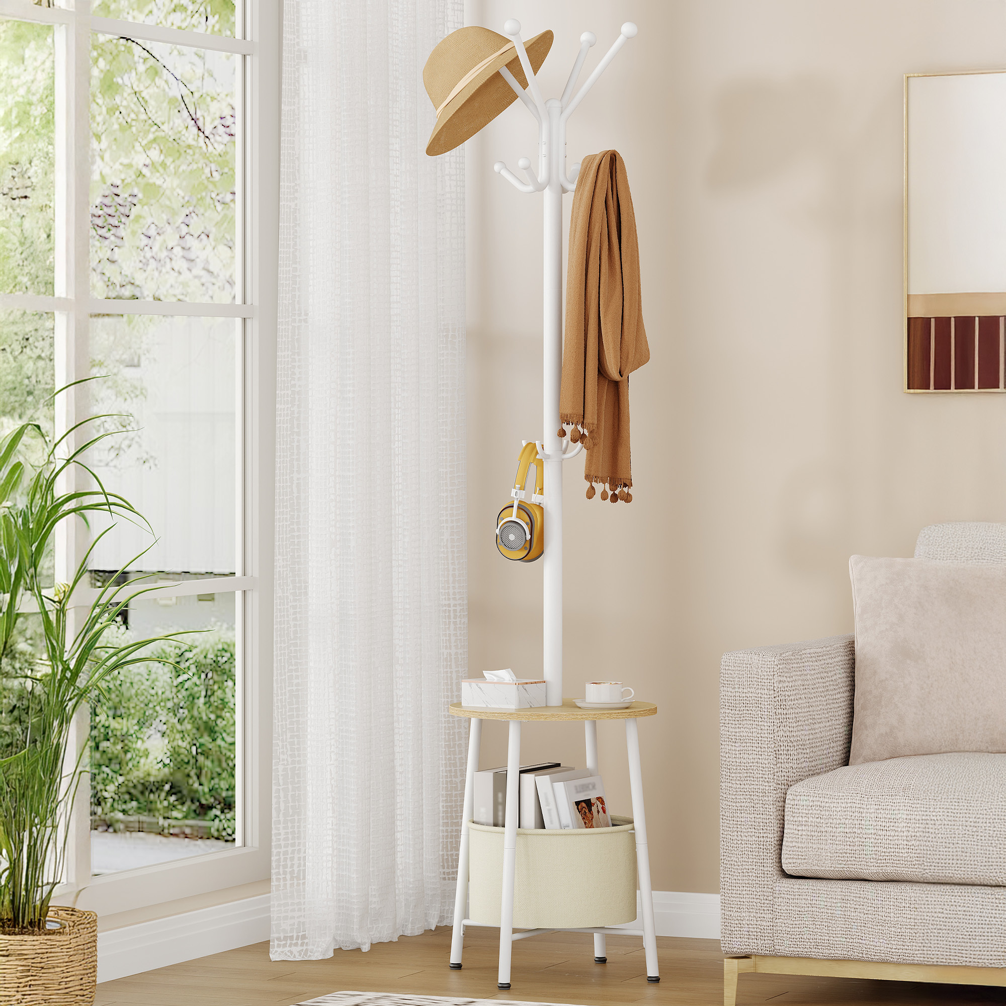 Image of Freestanding Coat Rack With Large Storage Basket, Hall Tree With 12 Hooks And 1 Shelf For Scarves, Bags, Hats, For Entryway, Living Room, Bedroom