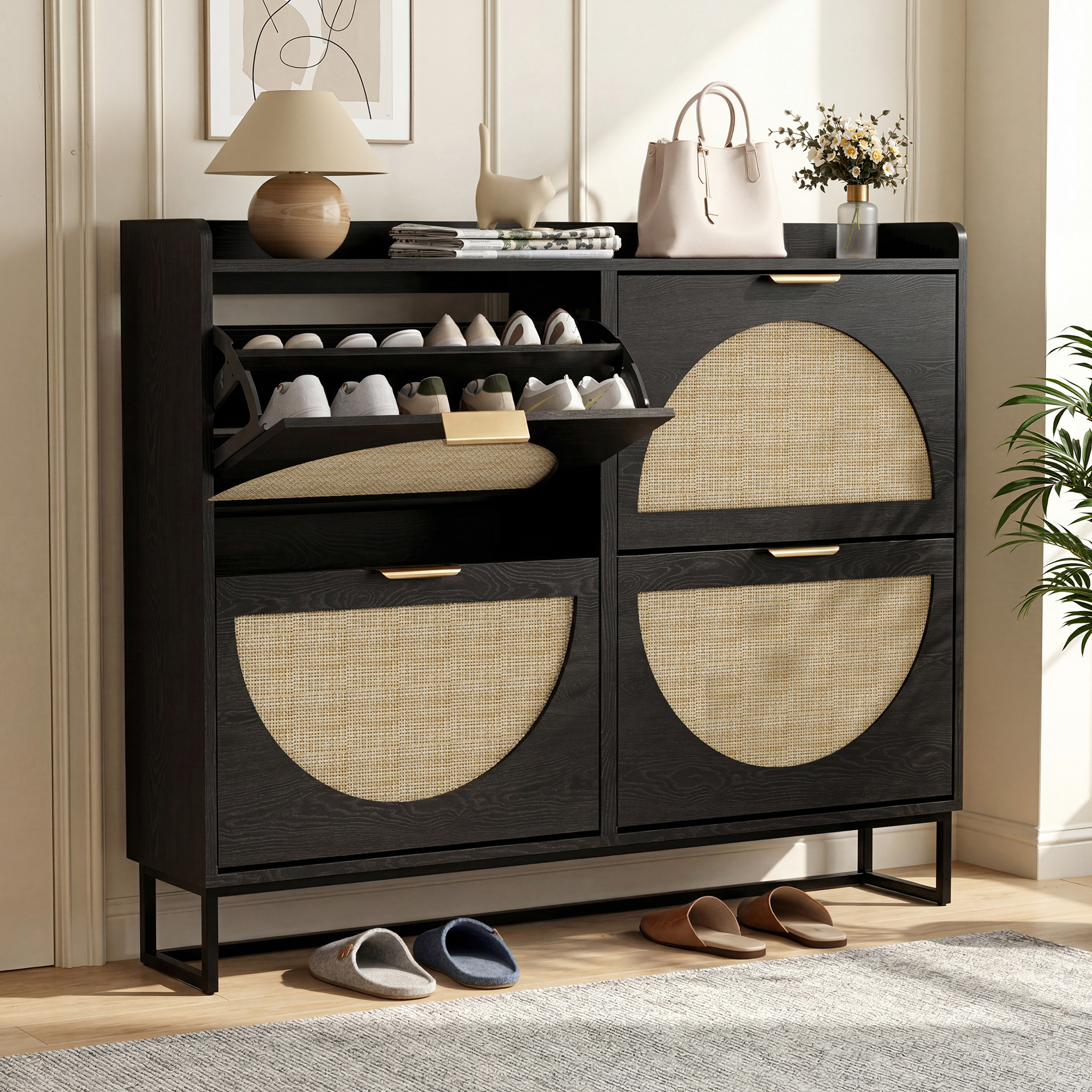 Image of Narrow Rattan Shoe Cabinet With 3 Flaps, Adjustable Shoe Rack, Wooden Shoe Storage, Shoe Organizer For Entryway, Living Room, Hallway, 80x24x135.4 Cm, Brown