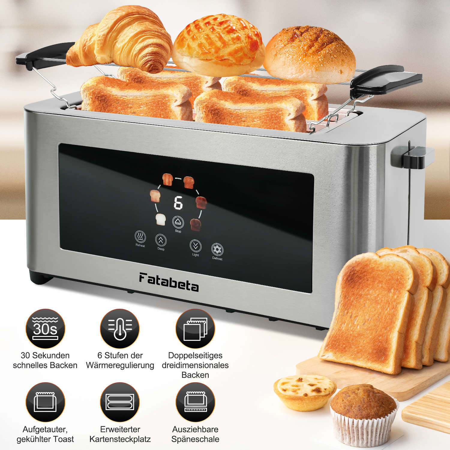 Tostadora de pan 1400W, tostadora de acero inoxidable, pantalla táctil LCD, 2 ranuras a...