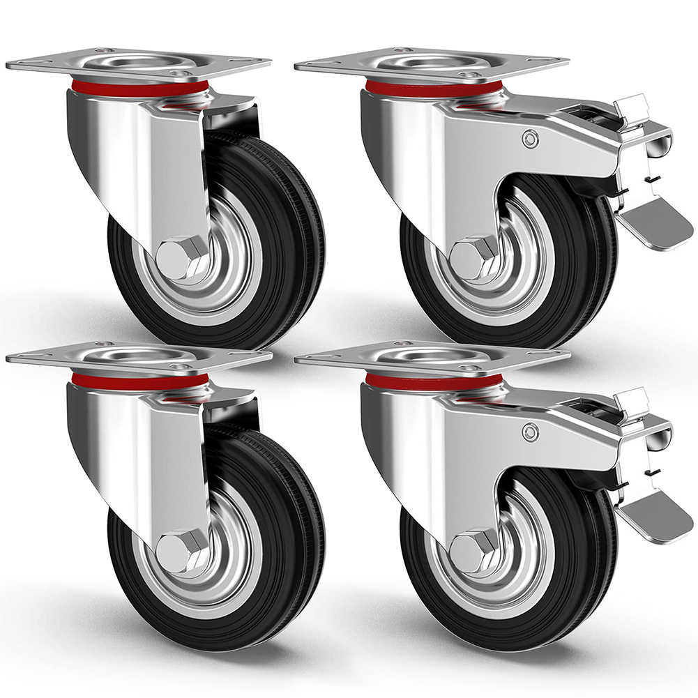 TEMU Bakaji Set Of 4 Heavy-duty Swivel Casters, Iron Furniture And Material Wheels With Brake, For Indoor And Outdoor Use, Ideal For Diy And Craft