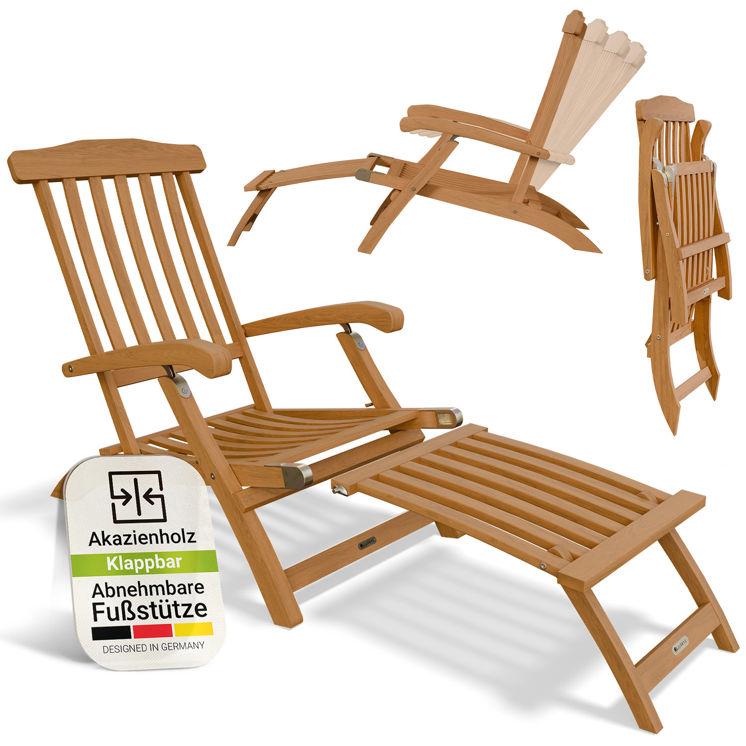 Image of Evia Sun Lounger - Foldable For Garden & Terrace, Acacia Wood For Natural Look & Durable Use, 196x54x95 Cm In Natural