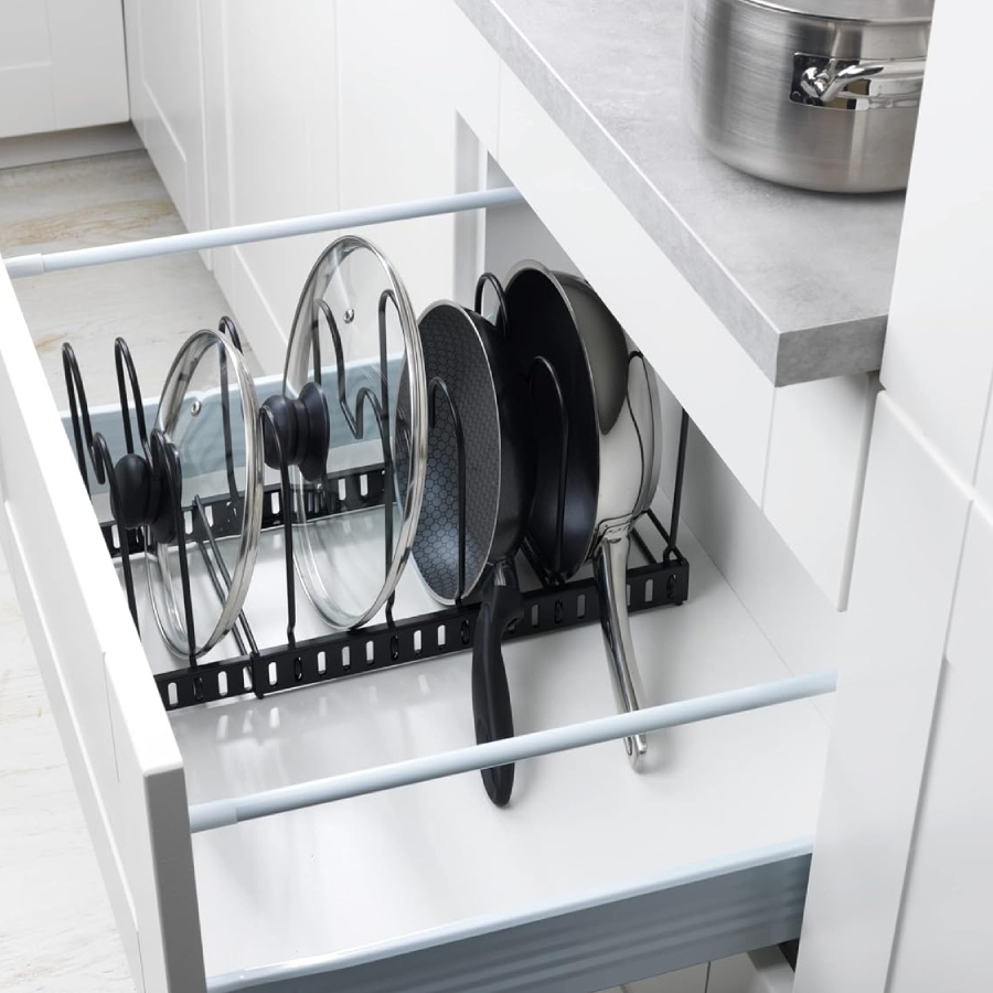TEMU Estante universal para utensilios de cocina, estante extensible para utensilios de cocina, estante de almacenamiento para ollas y sartenes de