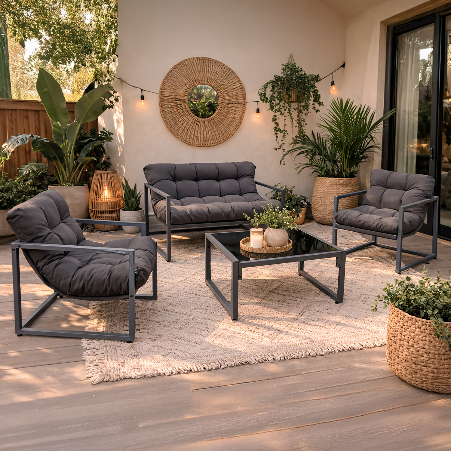 Neo 4 Piece Outdoor Patio Garden Furniture Set Cushions Metal Sofa Loveseat 2 Chairs Glass Coffee Table Balcony Backyard