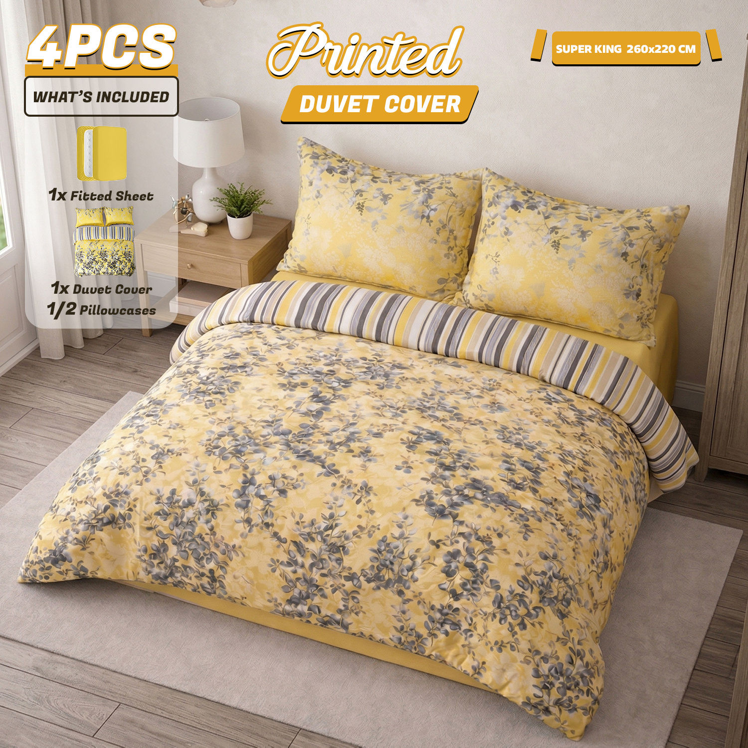 TEMU 4pcs Printed Duvet Cover Set – Ultra Soft Breathable Microfiber Complete Bedding Set With Matching Pillowcases And Brushed Solid Color Fitted