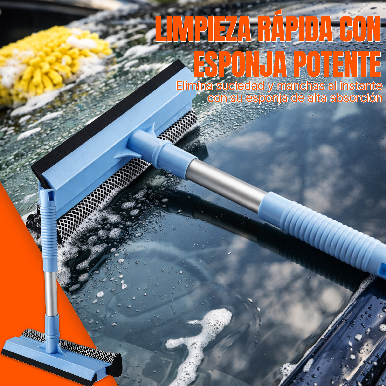 TEMU Limpiador de Cristales con Esponja de Densidad y Rasqueta de Silicona – Cabezal Giratorio, Antirayaduras, Ideal para Coche y Hogar
