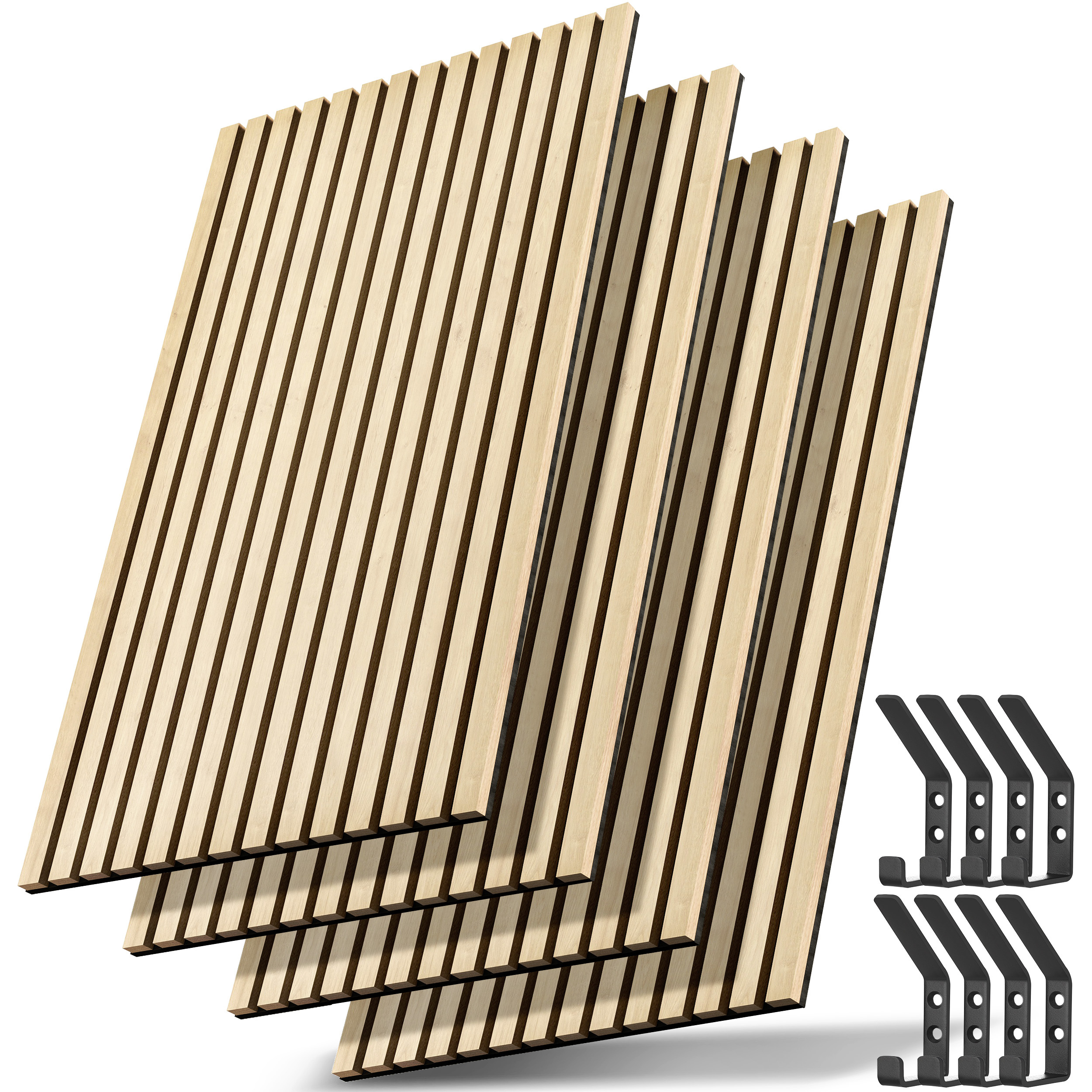 TEMU TRESKO® Akustikpaneele Holz 120×60 cm Set mit Kleiderhaken | Wandverkleidung Innen als 3D Lamellenwand | Holzpaneele Paneele für Schallschutz |