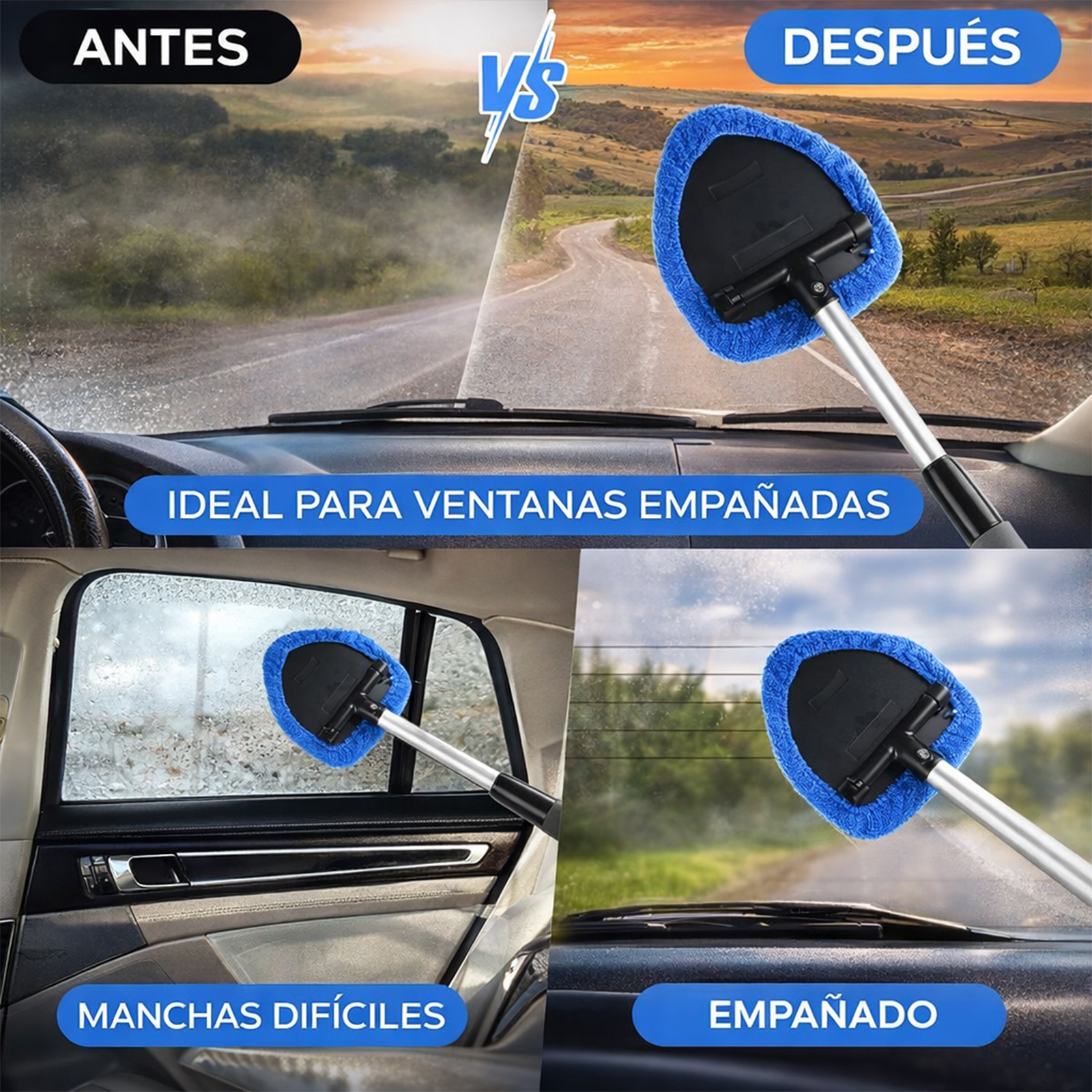 TEMU Limpiador de Parabrisas Interior para Coche con Mango Extensible – Cabezal Triangular Giratorio, Mopa de Microfibra Reutilizable con Repuestos,