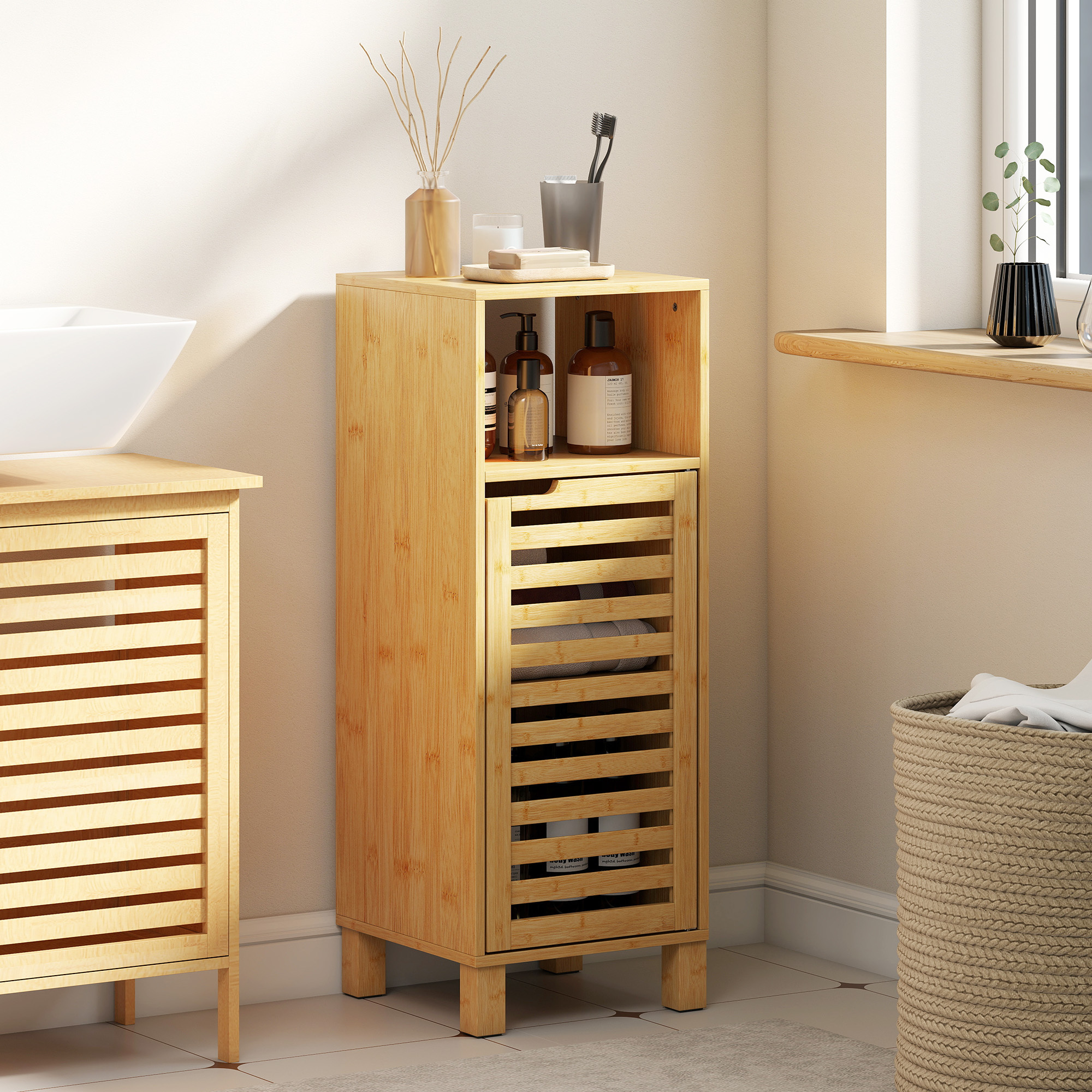 Image of Homcom Narrow Bathroom Cabinet, Bathroom Auxiliary Furniture With Latticework Door, Open Shelf, Adjustable Shelf, For Small Spaces, 60x30x108 Cm, Natural