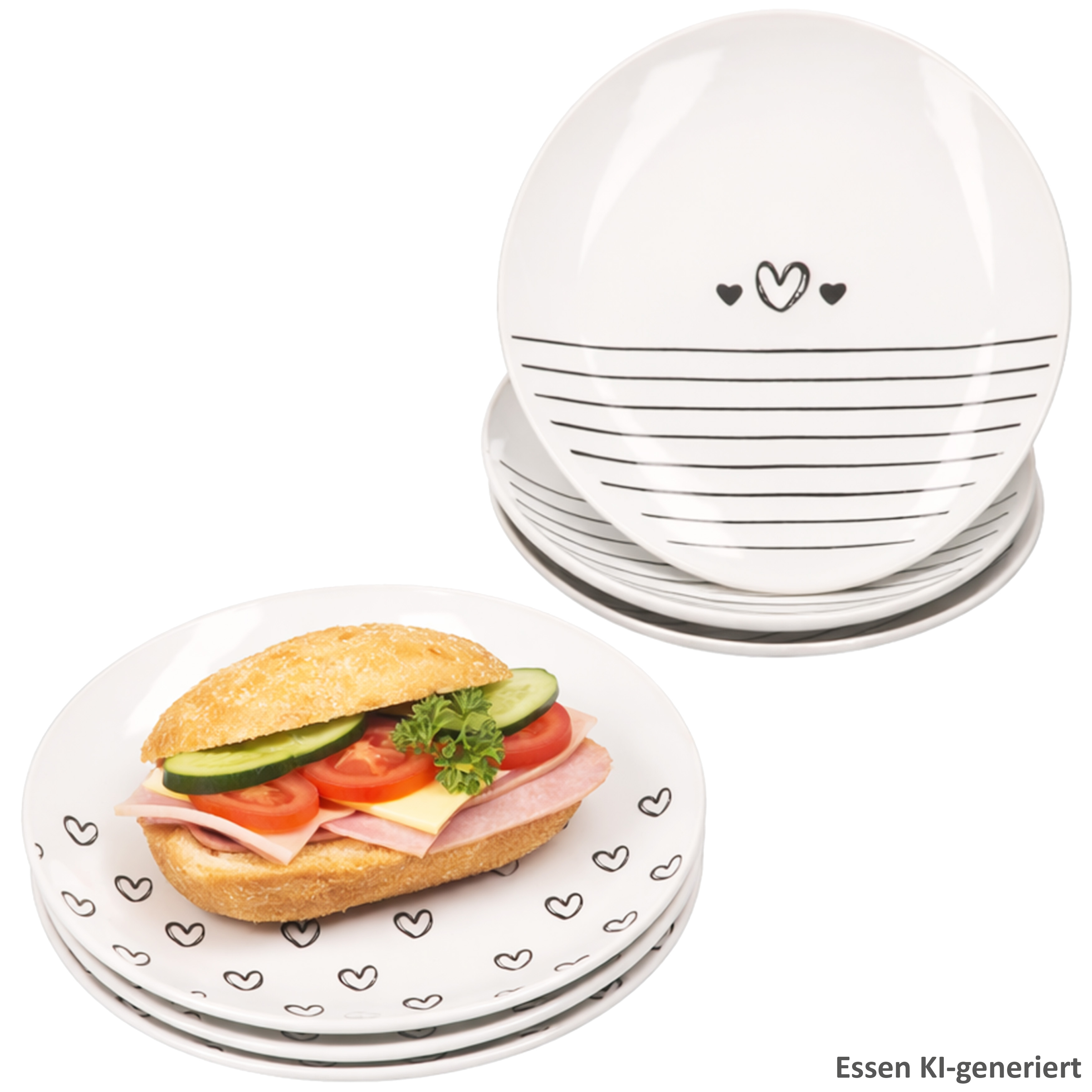 6-piece Set Cupid Cake Plates, Porcelain, 18.5cm, Heart Stripes, Black And White