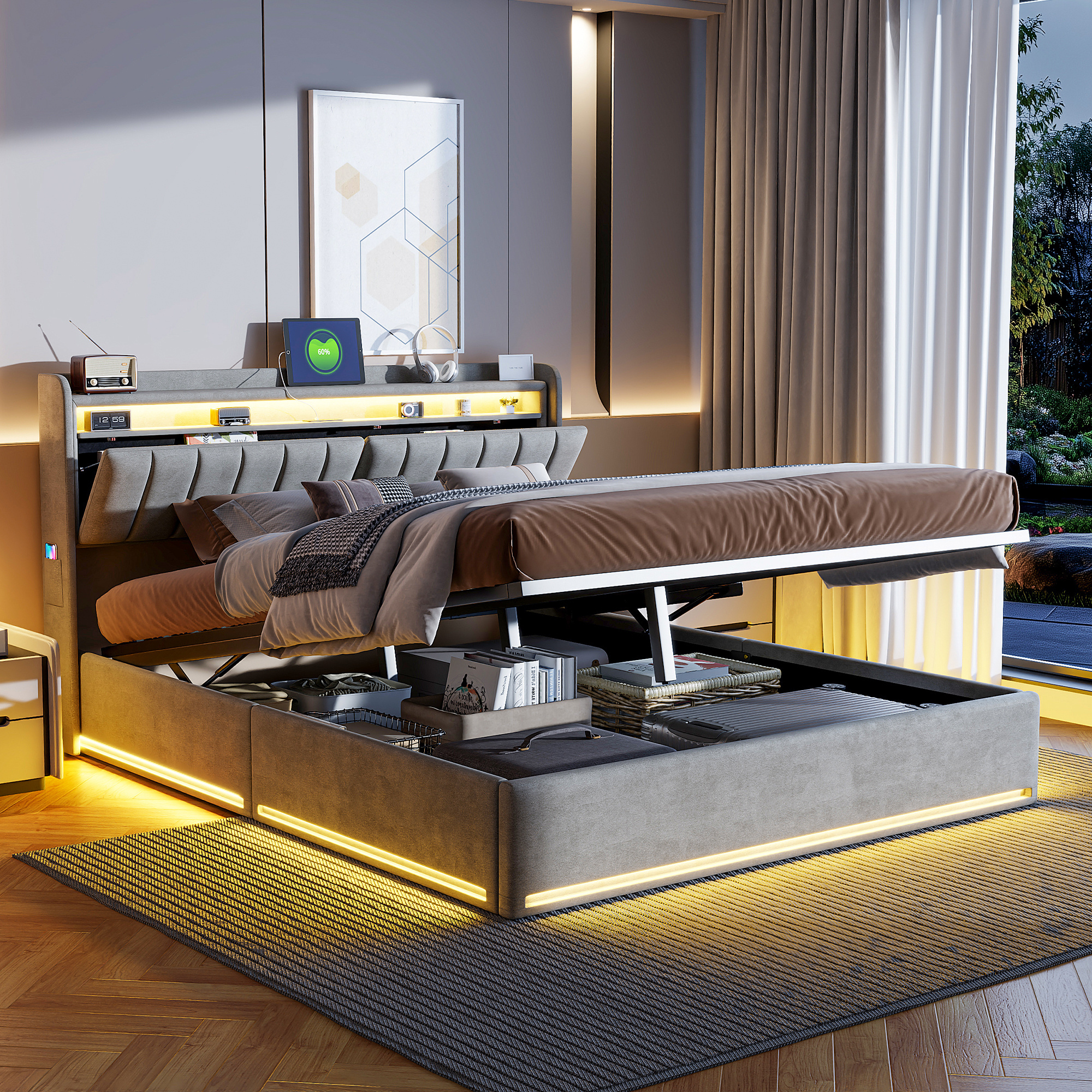 Image of Bed With Storage Space, 140 X 200 Cm, Double Bed, With Led Lighting, Hydraulic Bed With Open Shelves And Hidden Storage In The Headboard, Velvet, Gray, Mattress Not Included. F45sa6