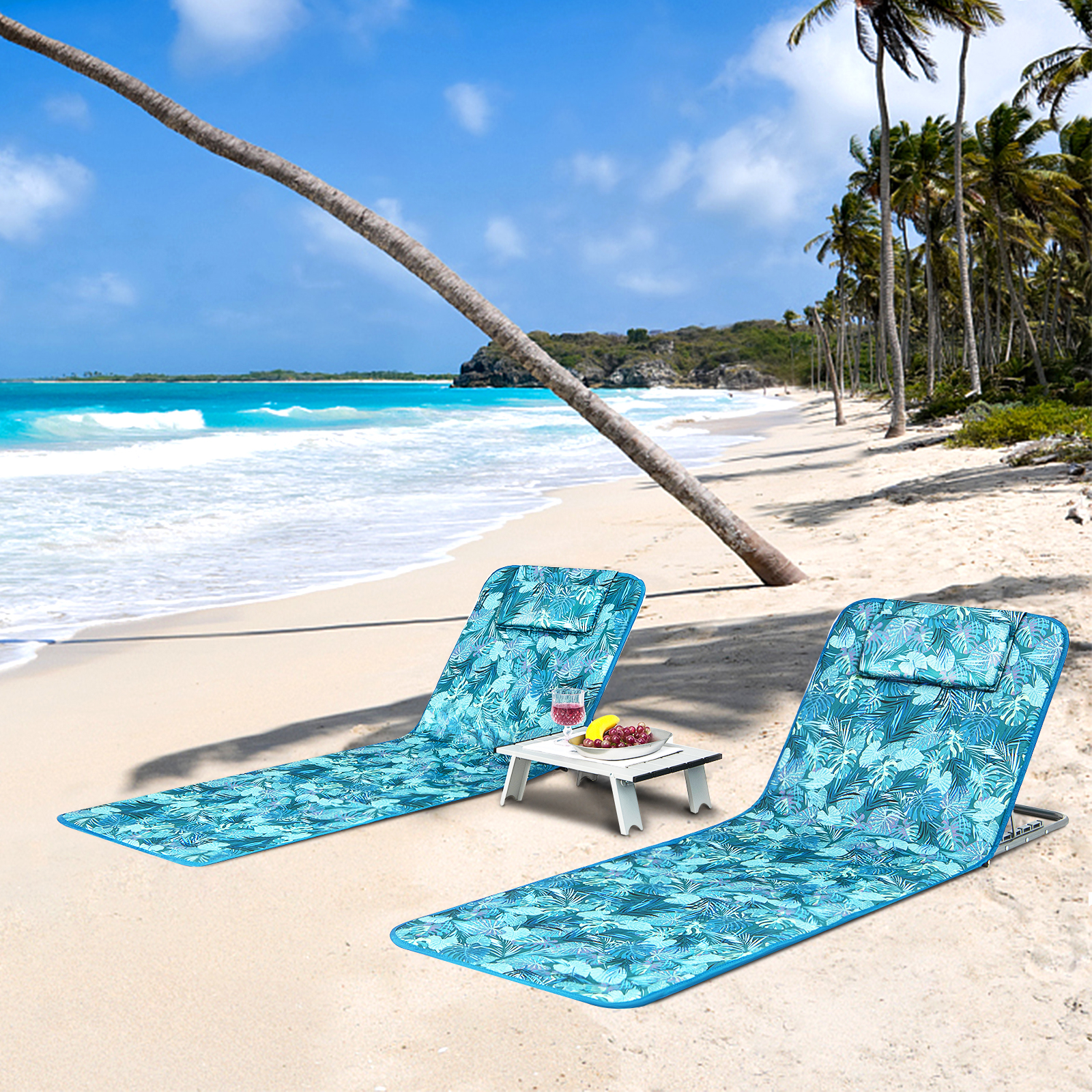 3pcs Folding Beach Mat Set With 2 Adjustable Lounge Chairs And A Side Table, Portable Outdoor Reclining Lounger Set