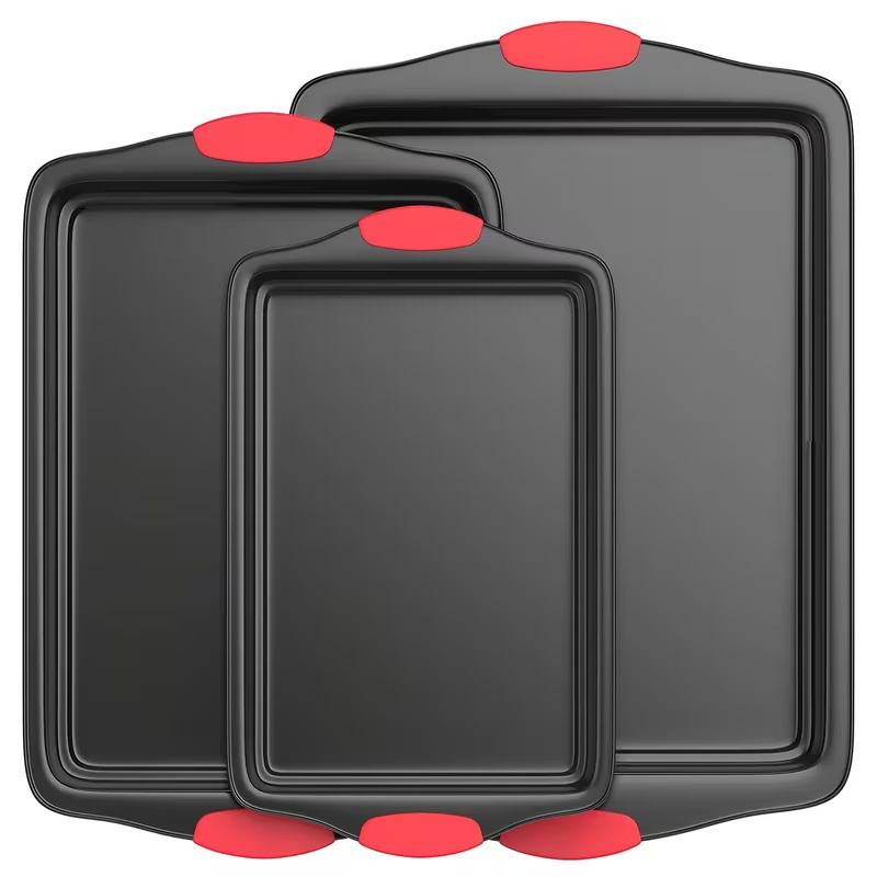 3pcs heavy duty carbon steel non stick baking tray set commercial grade oven biscuit baking tray with red silicone texture anti slip layer no   suitable for home and professional kitchens ovens grills compatible with   baking  