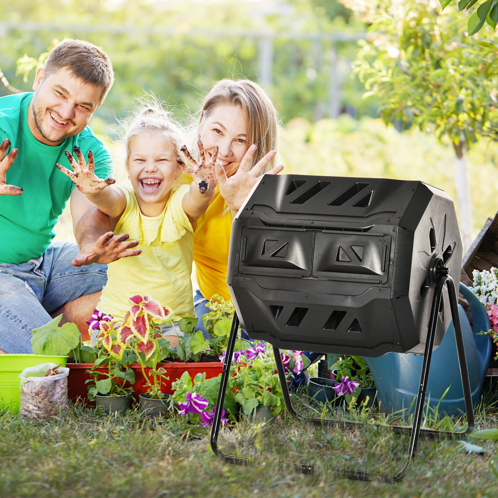 Composter 160l, 71 X 96cm Rotating Fast Composter Made Of Plastic, Thermo Composter With 2 Chambers, Garden Waste, Black
