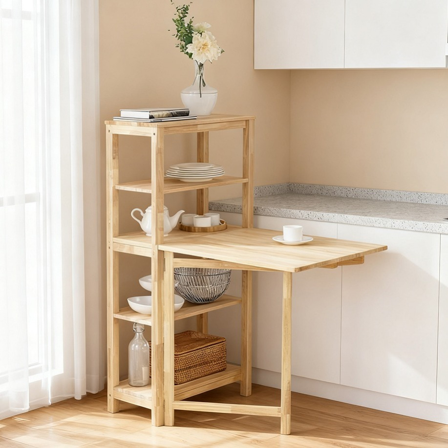 Image of 1pc Modern Folding Table Dining Table Kitchen Table With 5 Shelves Multifunctional Practical Space-saving With Storage Space For Dining Room Room Rubber Wood Haotian 98x126x60cm - Gxu81-o