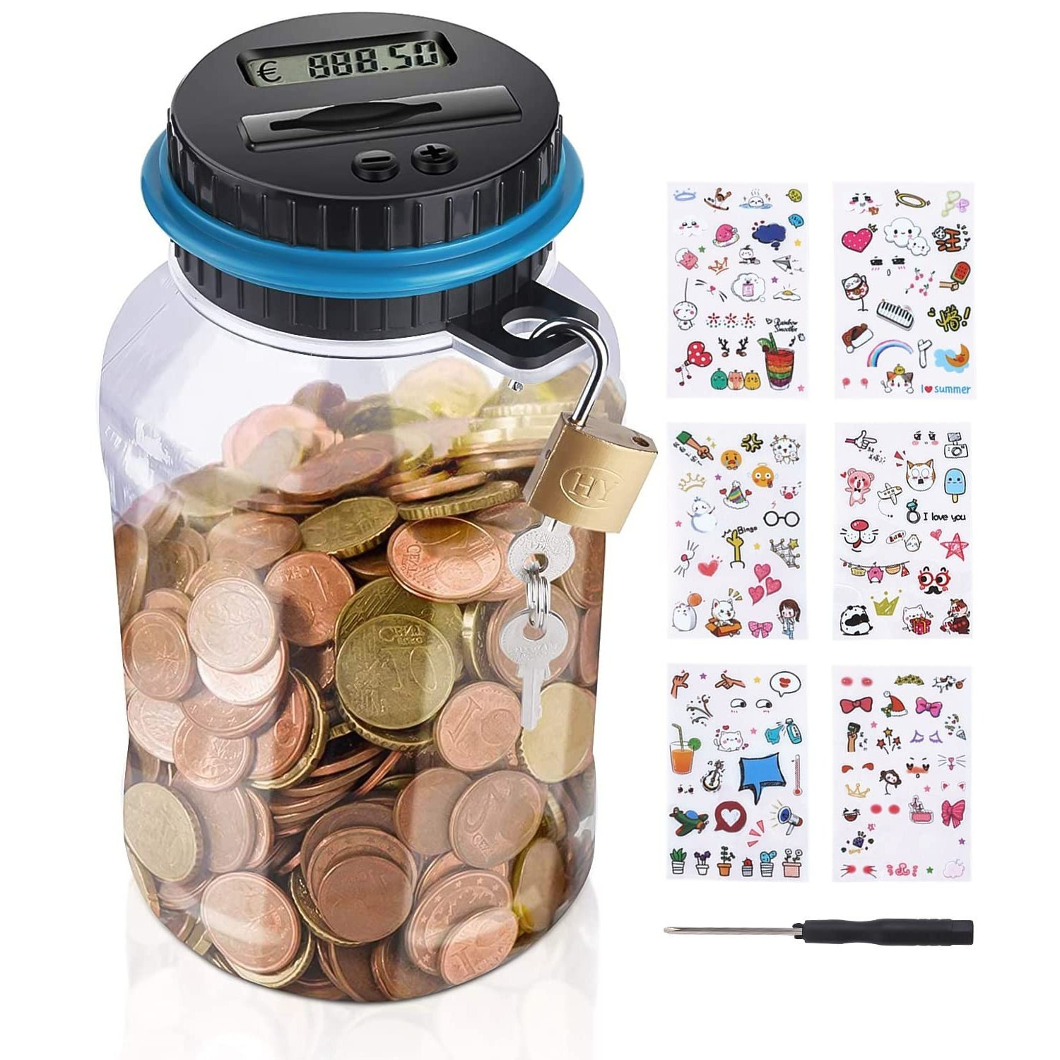 E-shop Spardose mit Zähler, 1,8L großer transparenter Münzzähler mit LCD-Display, digitale Münzspardose mit automatischer Verriegelung und niedlichen