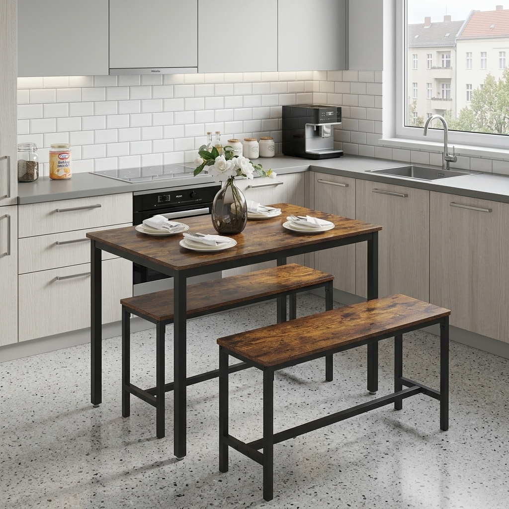 TEMU Esstisch mit 2 , 3er-Set, Küchentisch 70 x 110 x 75 cm, 2 Bänke je 30 x 97 x 50 cm, Stahlgestell,Gartenmöbel,Gartenmöbelset,Gartenmöbel-Set