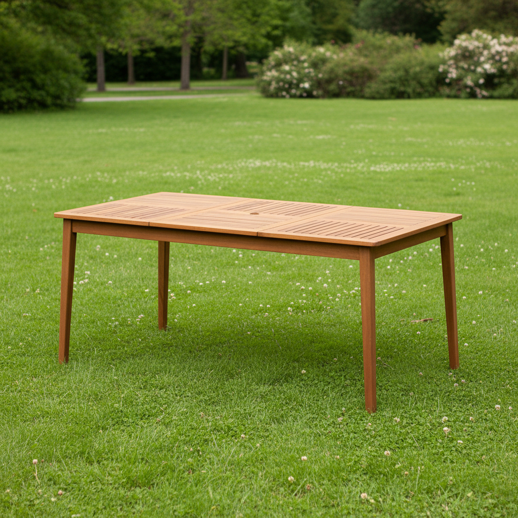 Outdoor Acacia Wood Dining Table For 6 People, Rectangular Bistro Table With Built In Umbrella Hole, Wooden Patio Table