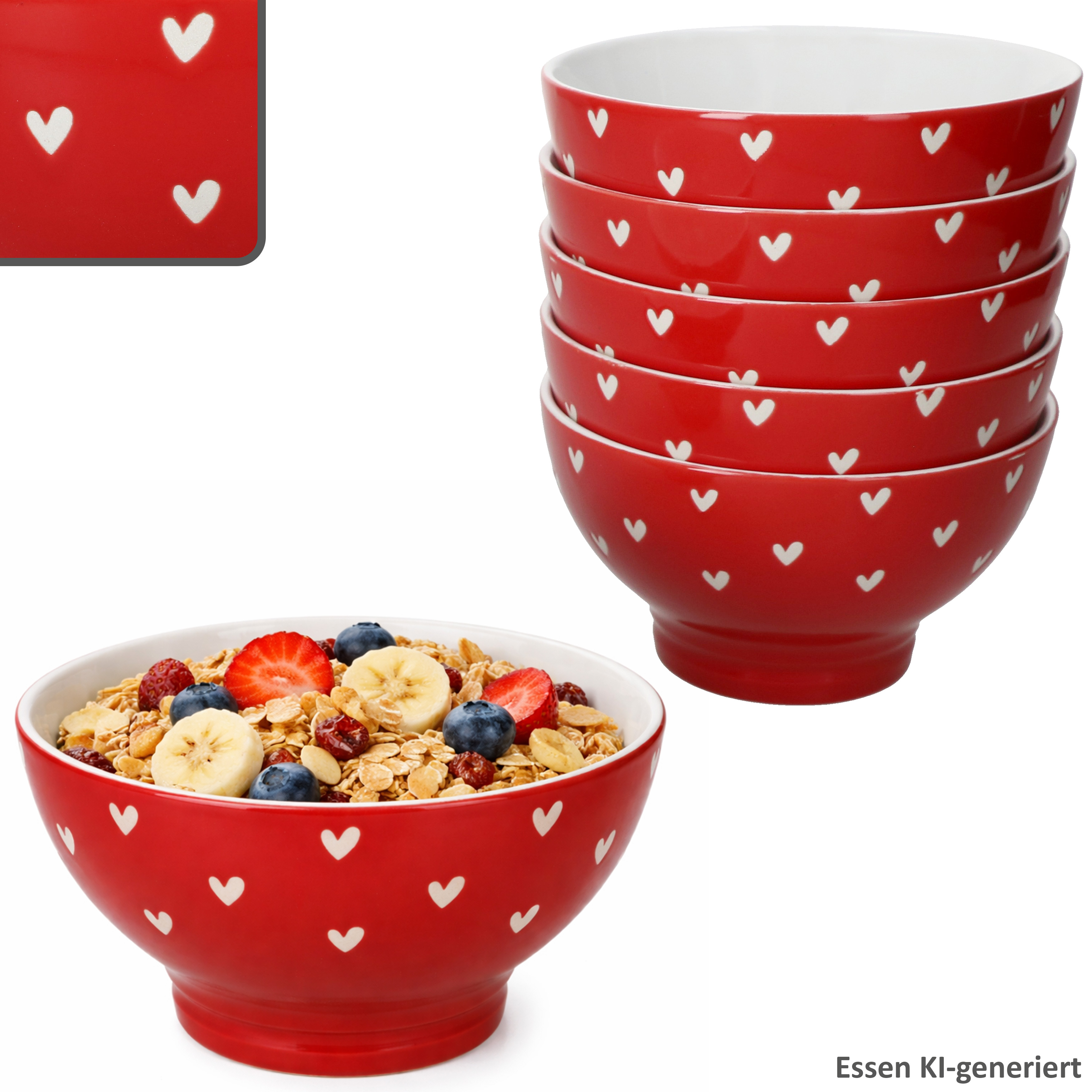 6-piece Set Love Bowls, Porcelain With Red And White Hearts, 300ml Salad Bowl