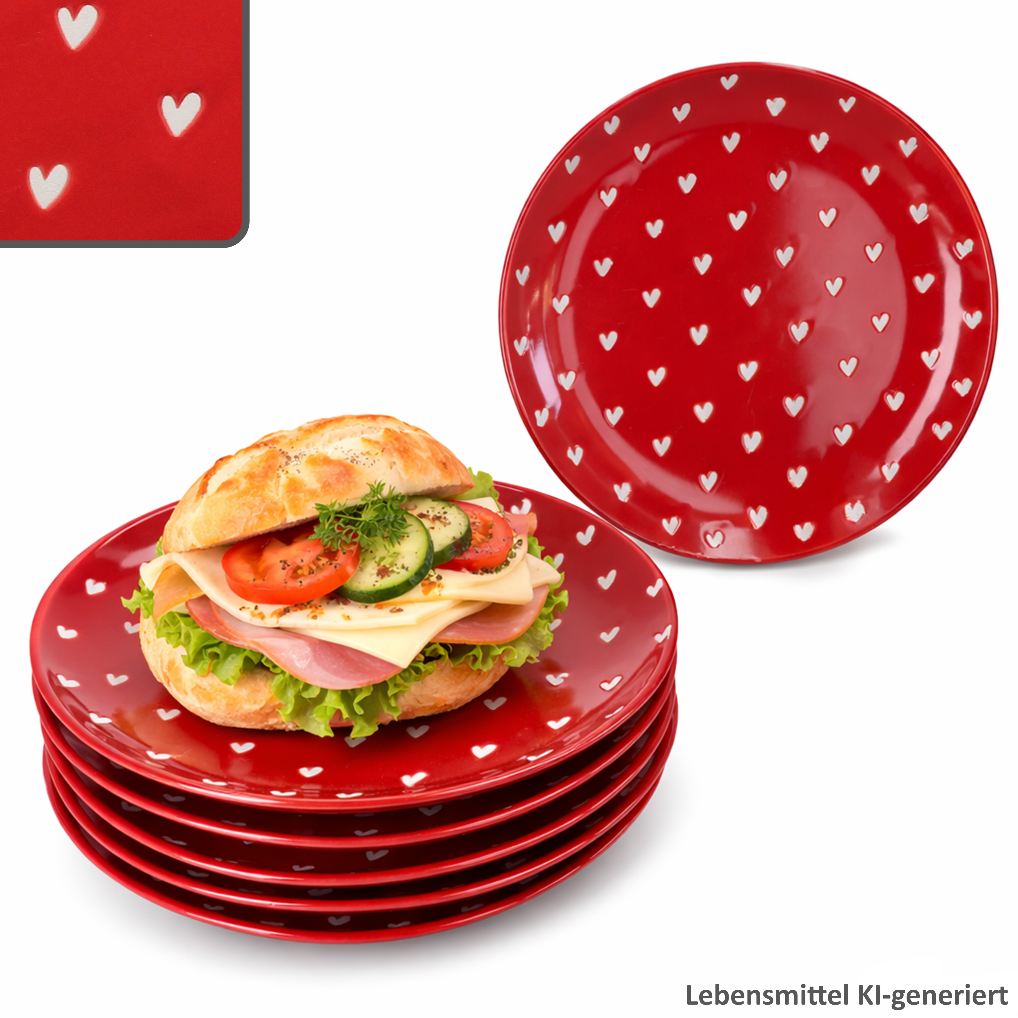 6-piece Set Love Cake Plates, Porcelain With Red And White Hearts, For Dessert And Breakfast