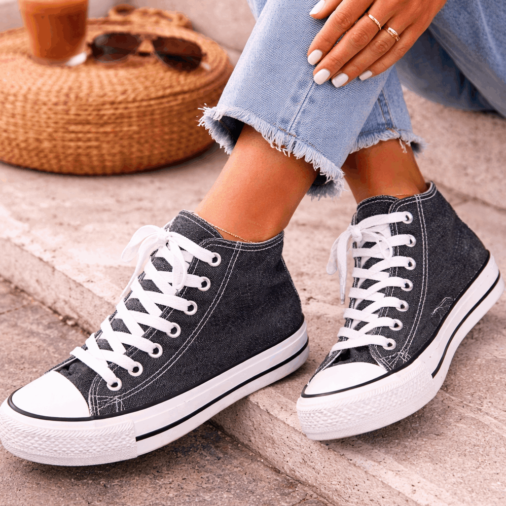 TEMU Zapatillas de lona negras tipo bota - Diseño con cordones, puntera blanca y cómoda para uso diario - casual fácil de combinar con cualquier