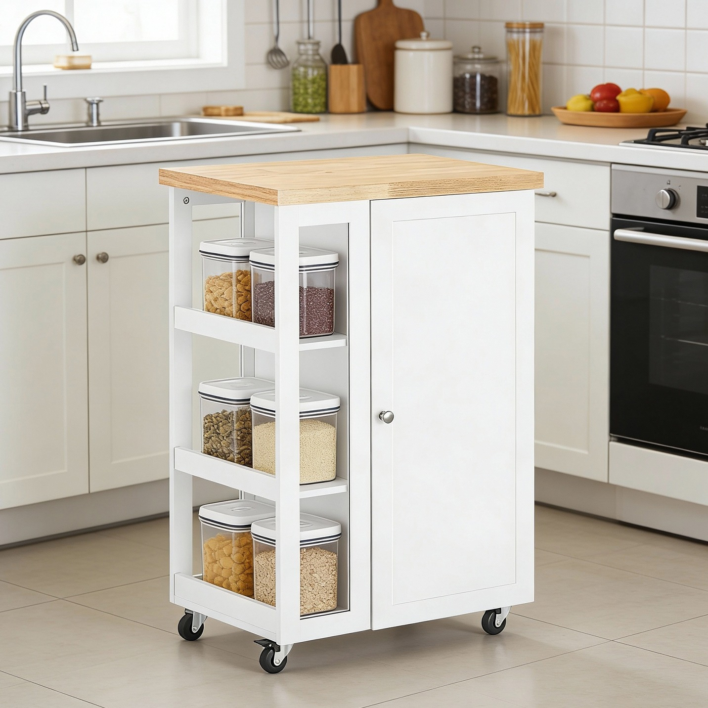 Image of 1pc Kitchen Island On Wheels Cart With Cabinet 3-tier Side Shelf Work Surface Freestanding Cart White 60x92x45cm Haotian - Glx86-xo
