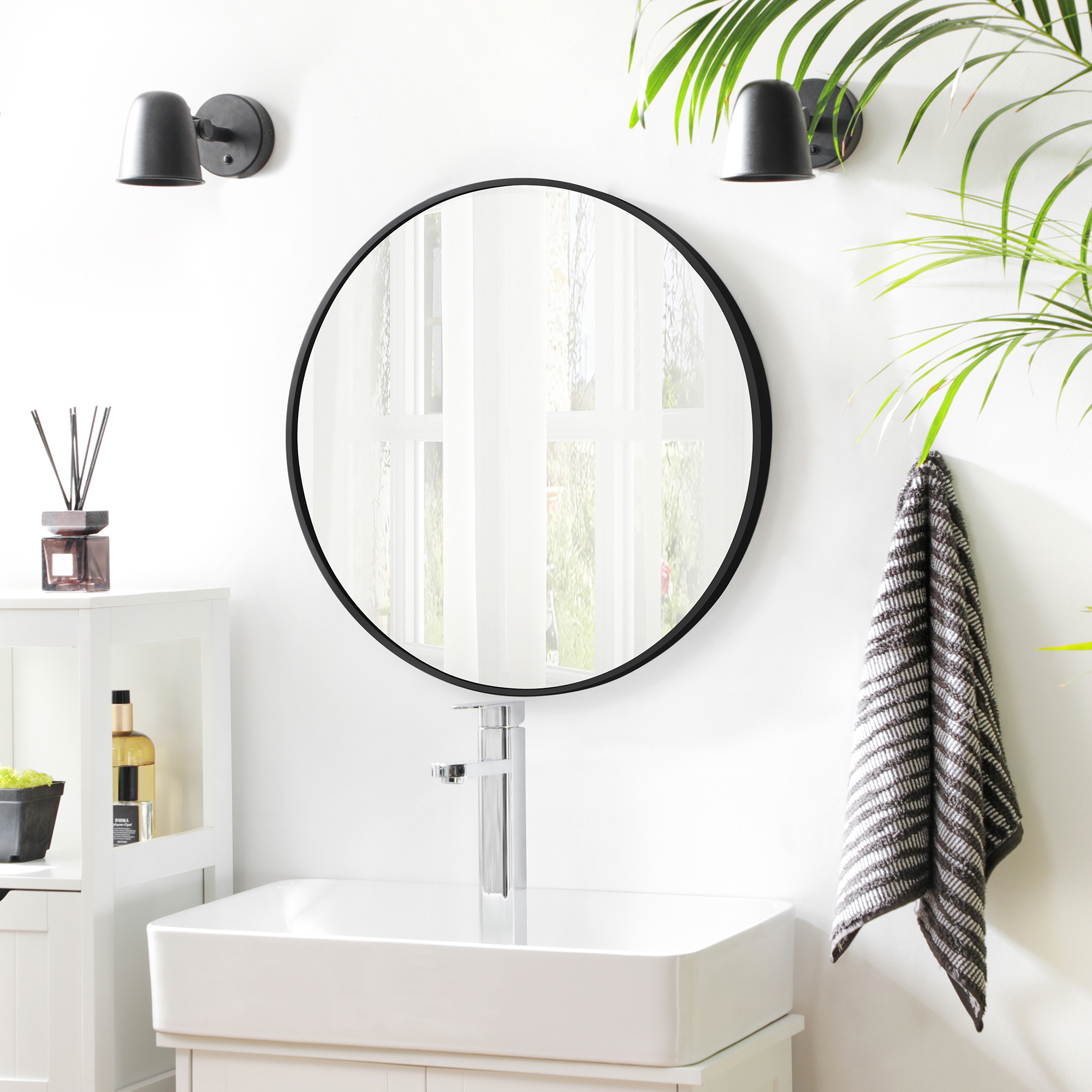 Image of Wand Mirror, Round Mirror, Metal Frame, Modern, For Bathroom, Living Room, Bedroom, Hallway, Black, 61 Cm