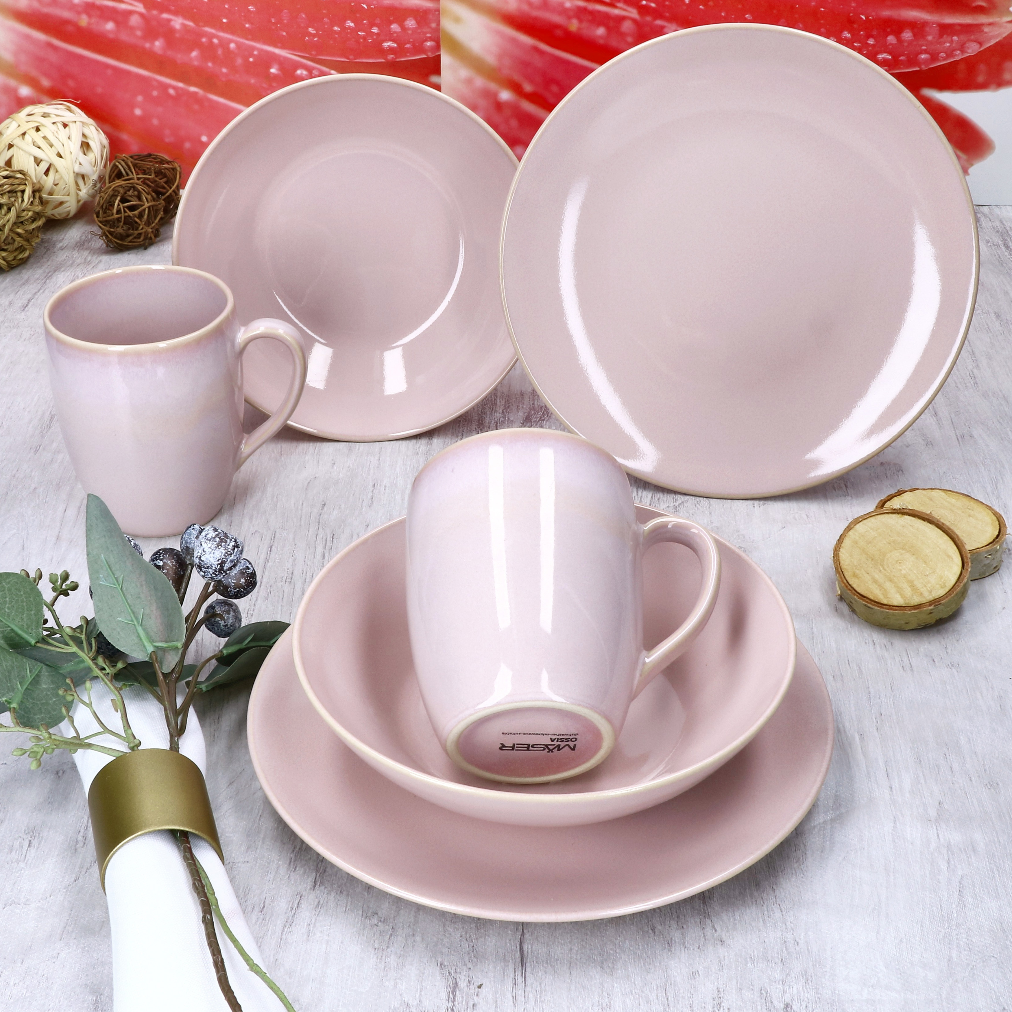 Ossia 6-piece Pink Stoneware Breakfast Set - Plates, Coffee Cups, Cereal Bowls