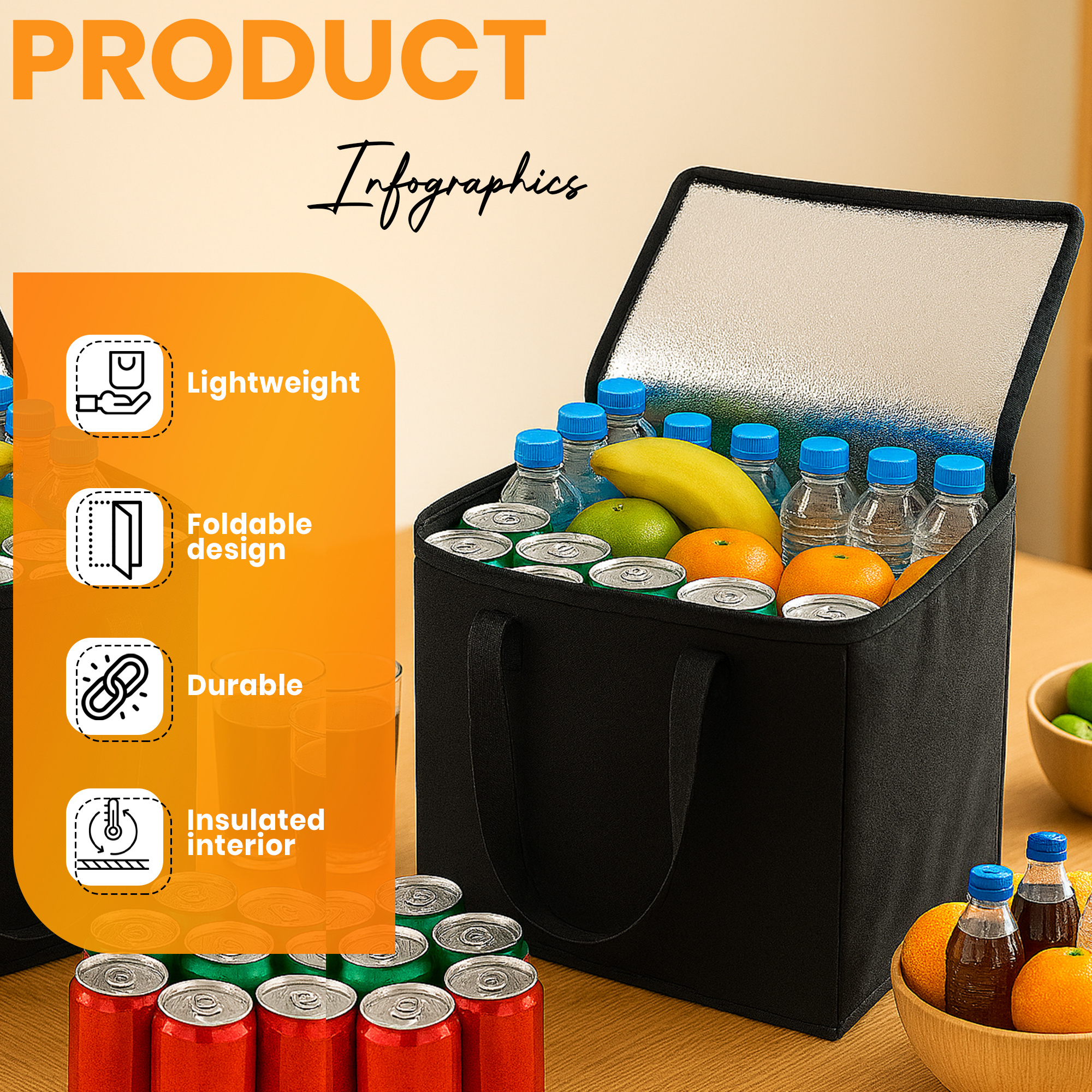 Extra Large 40L Thermal Cooler Tote Bag, Foldable & Insulated