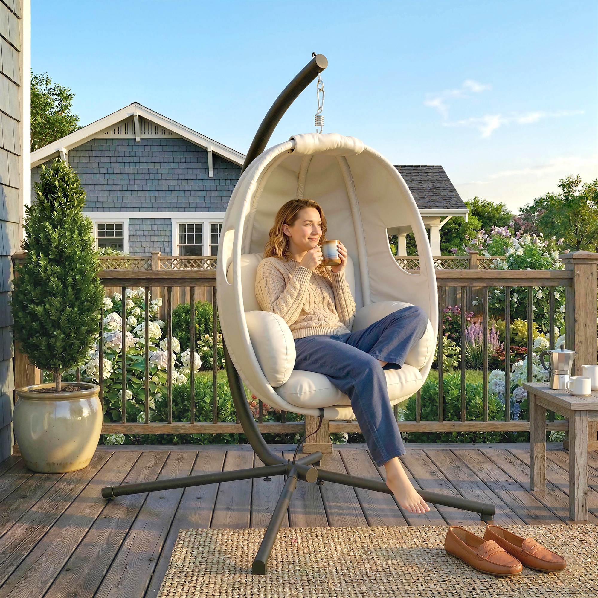 Hammock Chair With Frame, Foldable Hanging Basket With Thick Seat Cushions, Adjustable Height, Safety Belt, Egg-shaped Hanging To 120 Kg, Rocking Chair For Indoor Outdoor Garden, Light Grey.