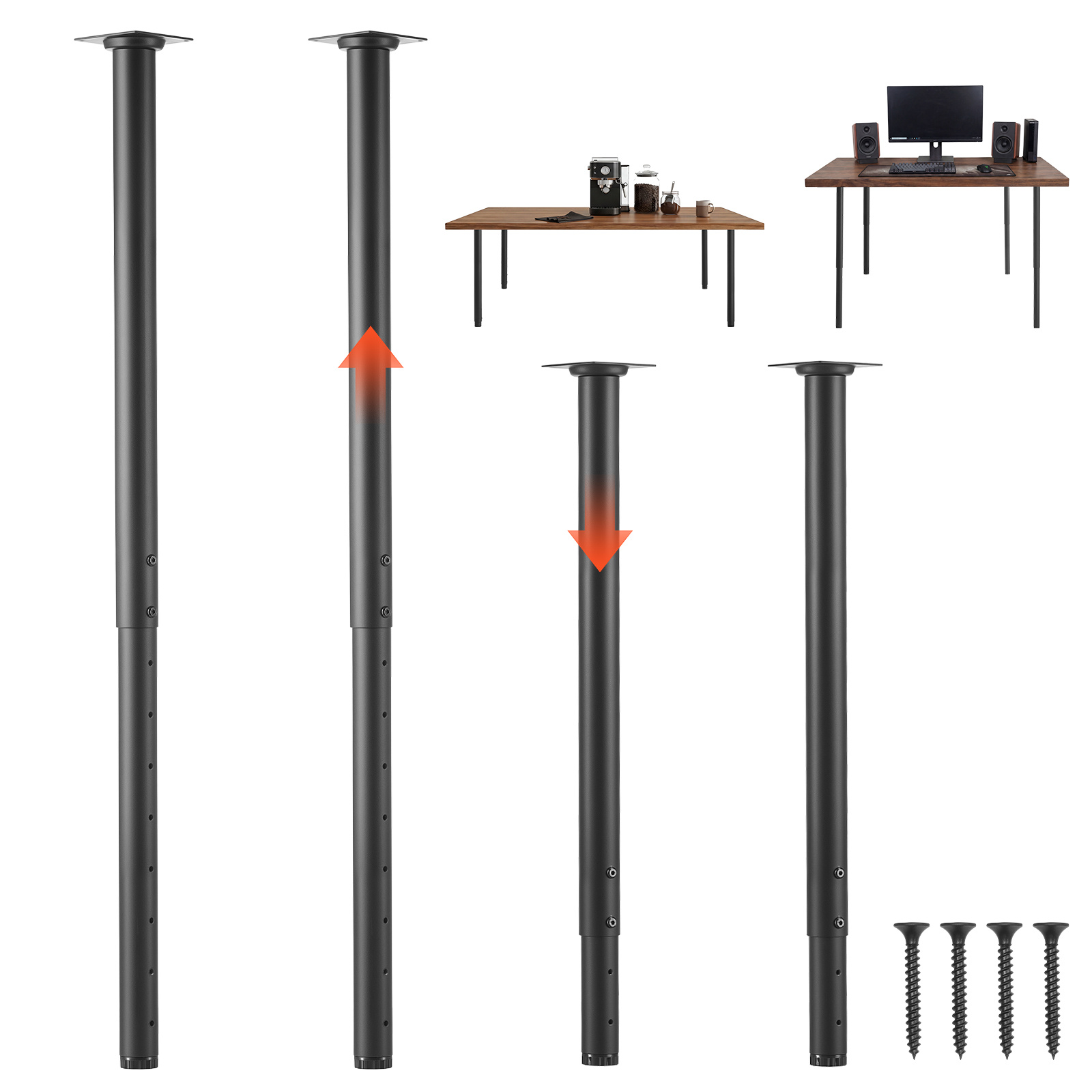 Image of Vevor Adjustable Table Legs, 610-1016 Mm Round Steel Furniture Legs, 544 Kg Heavy Duty, Quick Installation, For Home Office Desk Diy, Coffee Dinner Bar Tables, Workbenches, 4pcs, Black