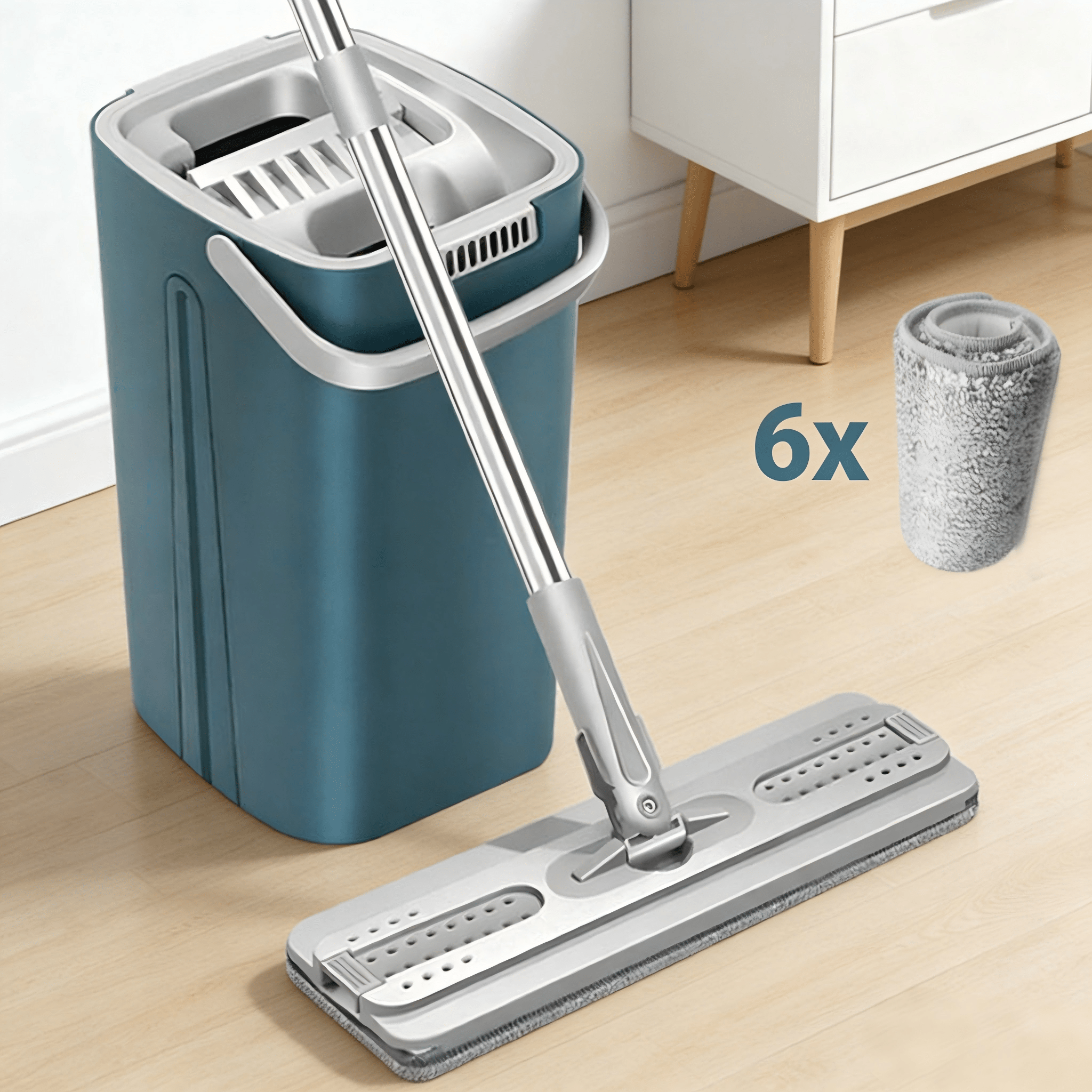 E-shop 2 in 1 Freihändiges Wischmopp-Set mit Eimer und 6 Waschbare Pads, 360° Drehbarer Bodenwischer für Nass & Trockenreinigung, Kompatibel mit Holz,