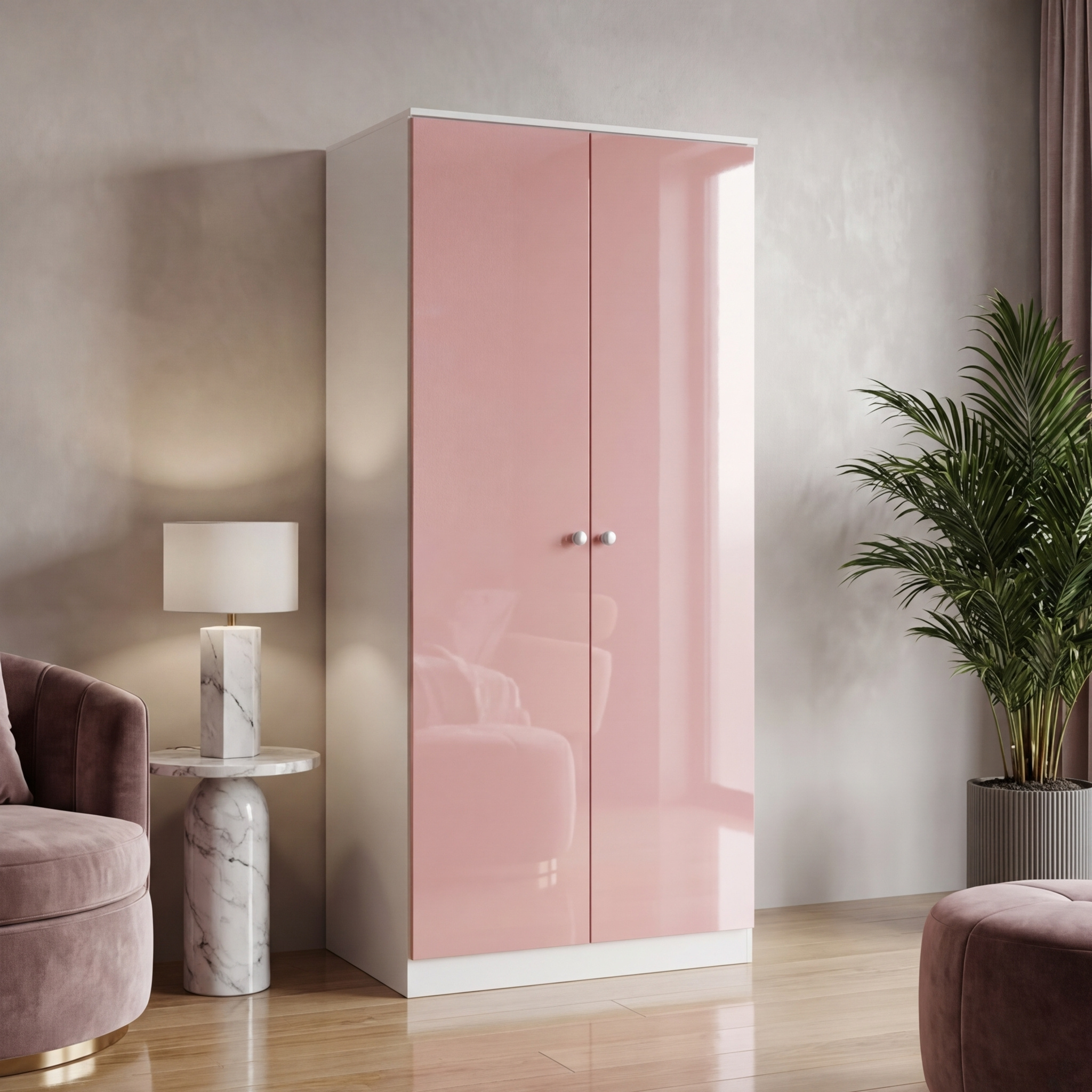TEMU 2 Door Wardrobe White And Pink Gloss Bedroom Furniture Clothes Storage