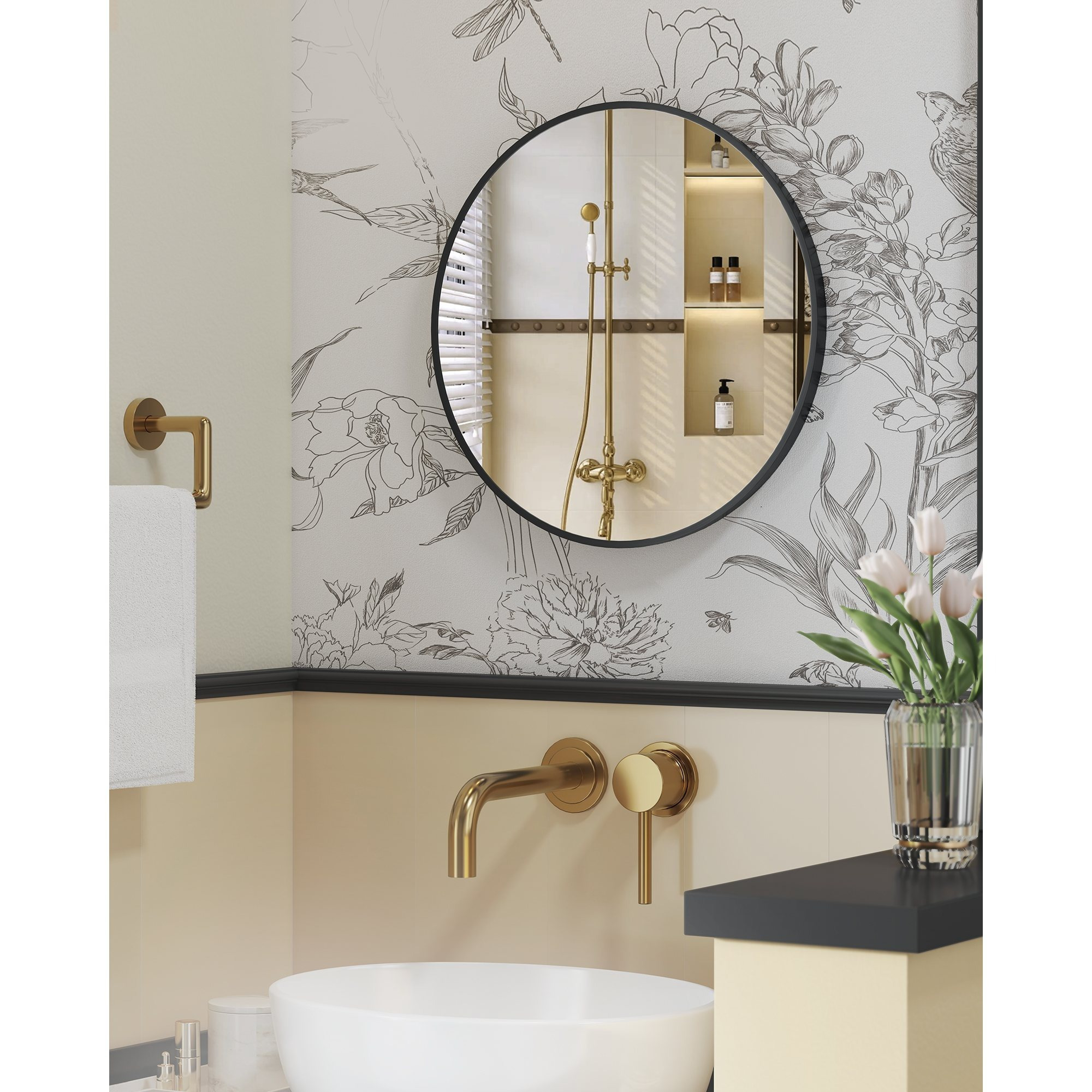 Wall Mirror, Round Mirror, Vanity Mirror, With Metal Frame, 50 Cm Diameter, , , Suitable For Bathroom, Living Room, Bedroom, Hallway, And Entryway, Black