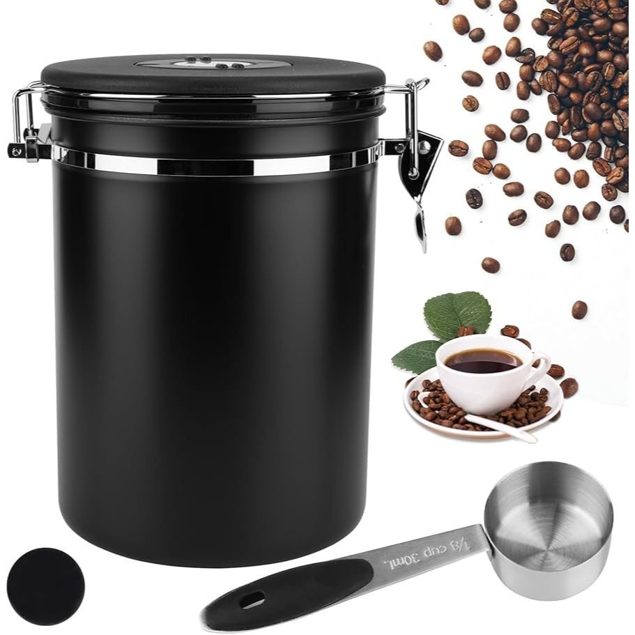 Airtight Coffee Canister 2.8l, Stainless Steel Coffee Bean Container With Release Valve & Date Indicator, Storage Can For Coffee Beans, , Tea & Nuts, Includes Measuring Spoon, Black