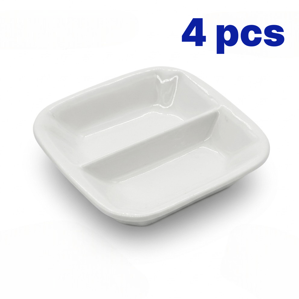 Image of 4-piece Ceramic Sauce Dish Set | 2-compartment Dip Bowls For Sushi, Soy Sauce & Ketchup | Dishwasher & Microwave Safe | White Porcelain