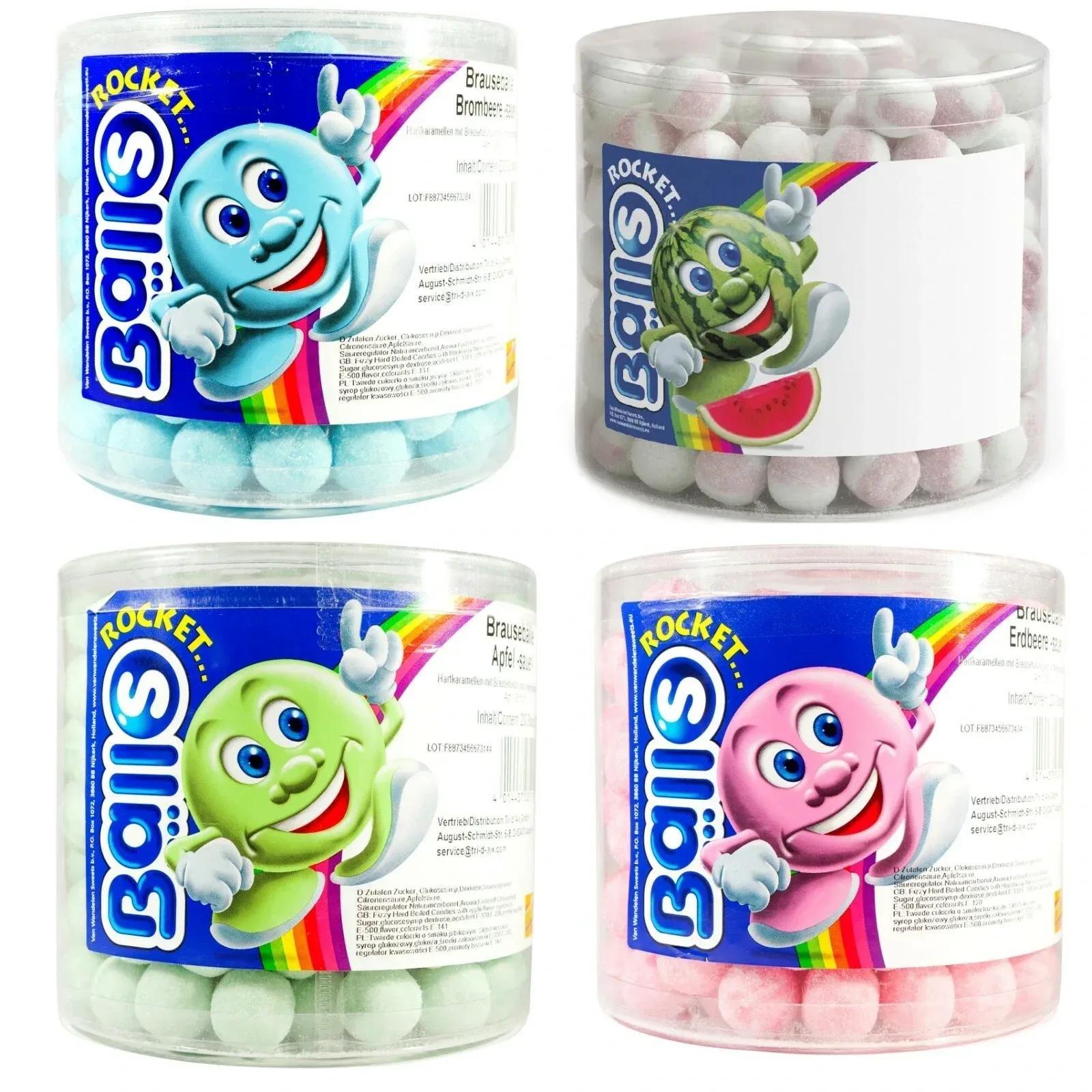 Image of 4 Cans Of 1400g Tri D'aix Rocket Balls Mix Of Blackberry, Melon, Strawberry, And Fizzy Tablets