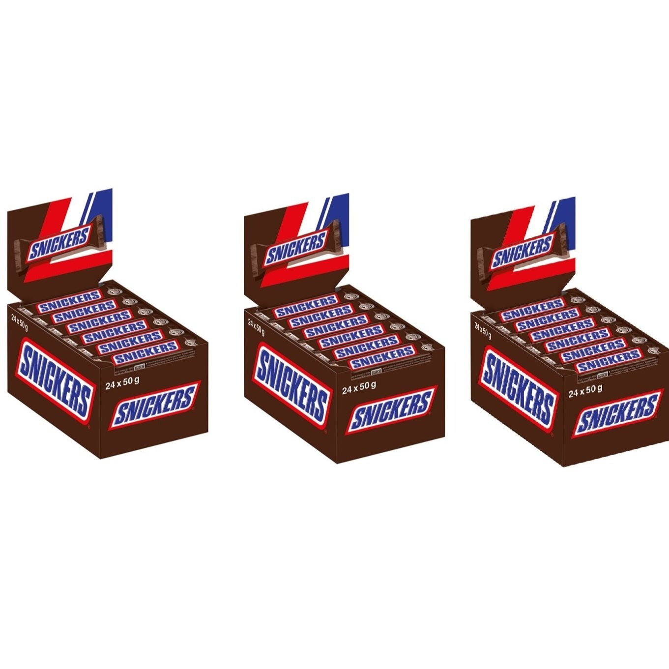 Image of 72 Snickers Bars, 50g Original Peanut Chocolate Bars (3 X 24 X 50g), 3.6kg