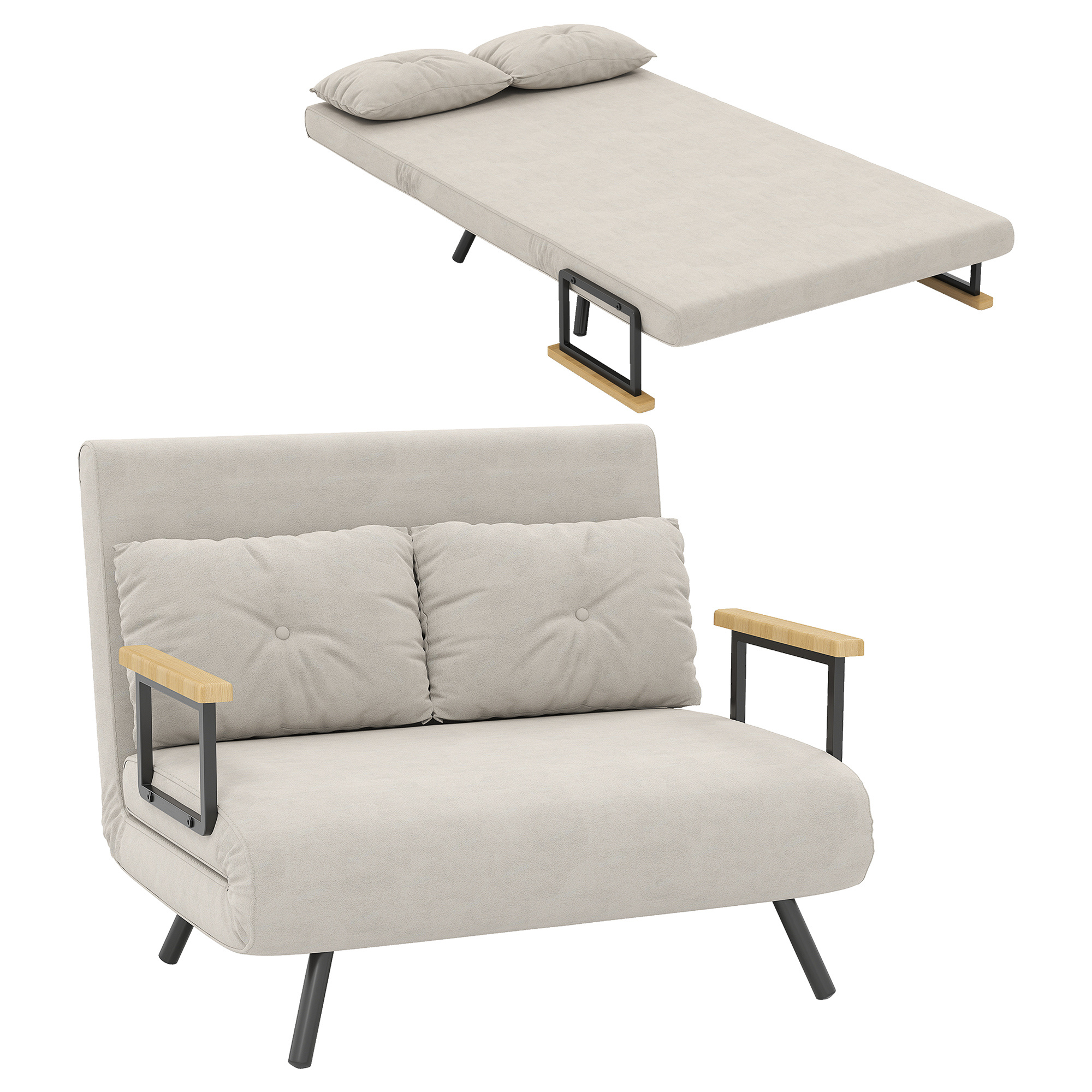 TEMU HOMCOM Canapé convertible 2 places 4 en 1, canapé-lit avec réglable sur 5 niveaux, 2 coussins et siège rembourré, tissu effet velours, pour