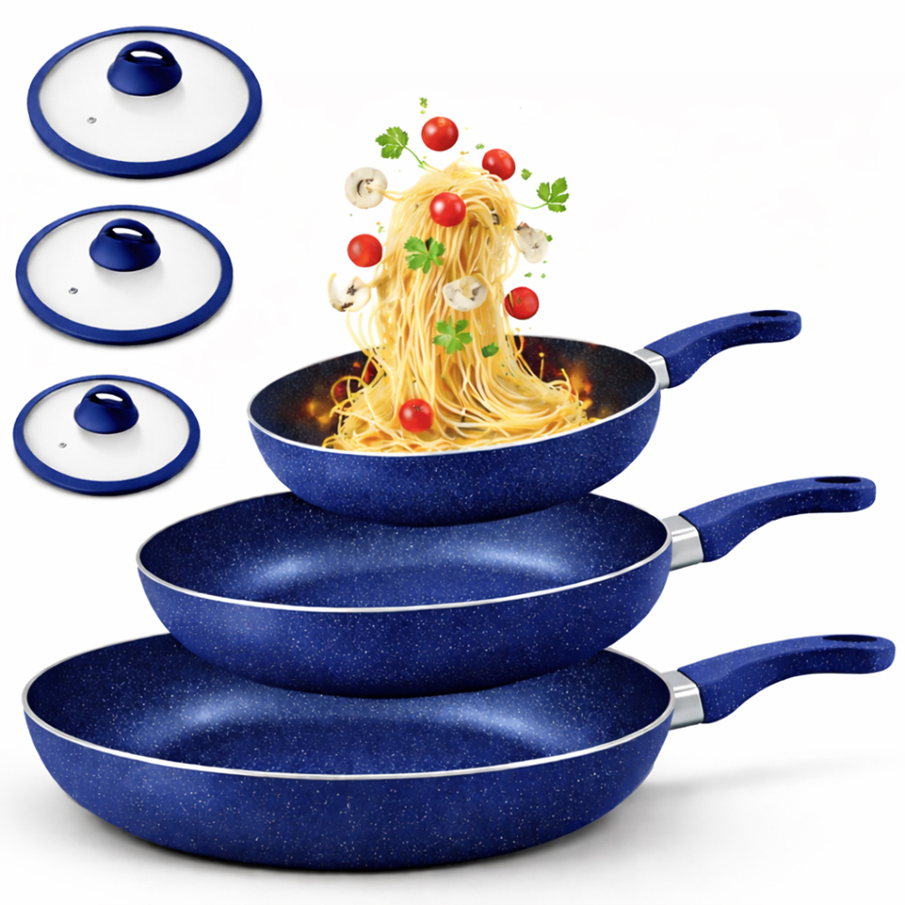 Image of Bakaji 6pcs Aluminum Frying Pan Set With Glass Lid, Suitable For Type Of Cooktop, Pot, Pan With Ergonomic Handle For Healthy Cooking