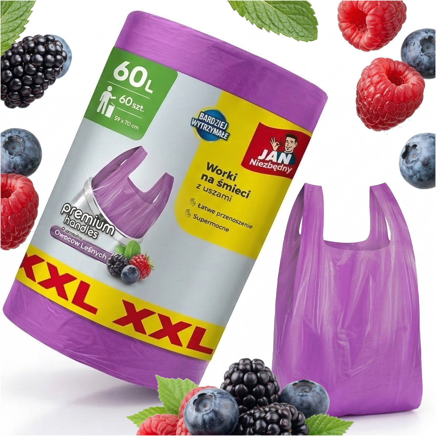TEMU Essential Waste Bag With T-shirt Type Handle, 60l Capacity, Roll Containing 60pcs Of Durable Hdpe Film, Size 59 Ã 70 Cm, Facilitating Fitting