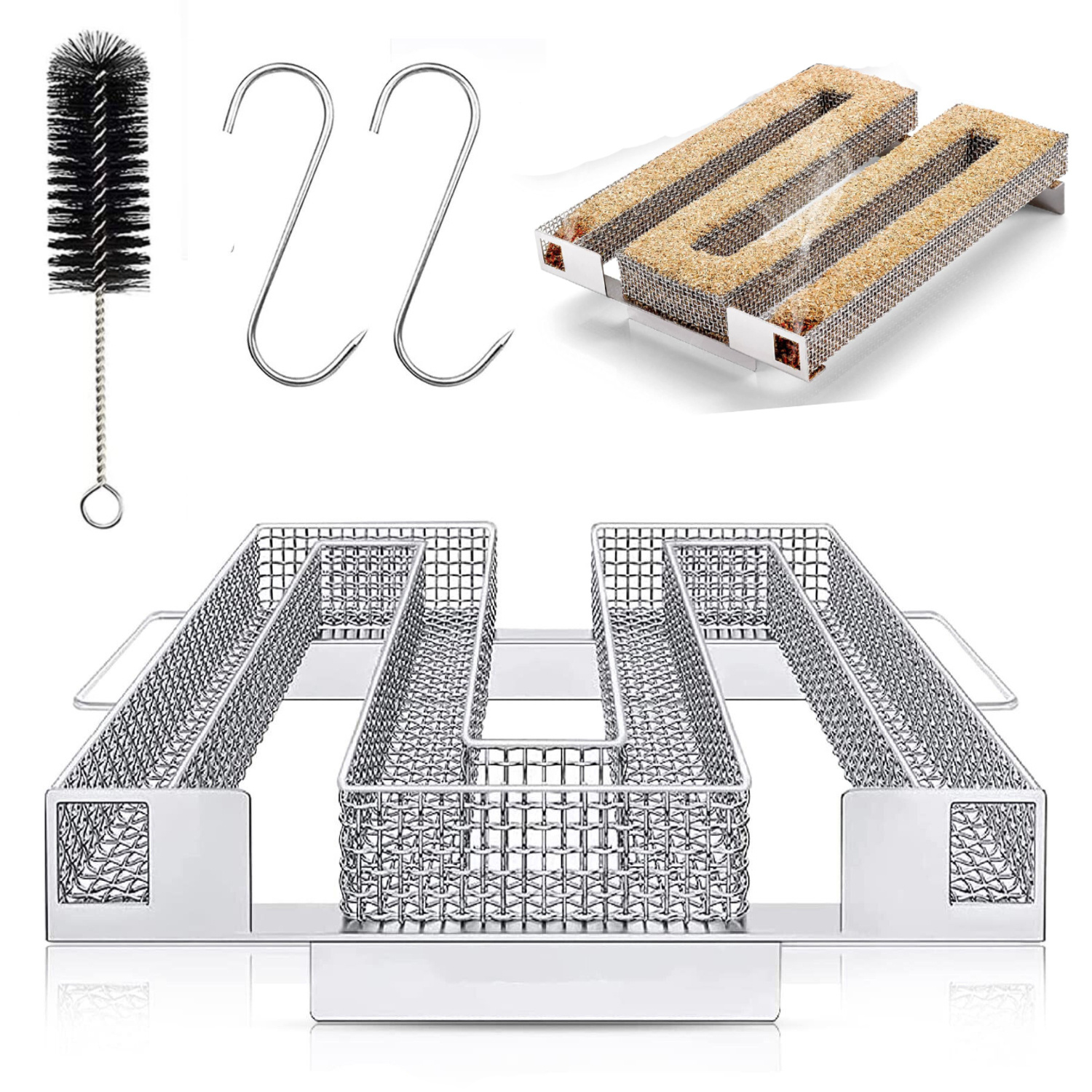E-shop Kaltrauchgenerator mit Reinigungsbürste & 2 Haken, Kaltraucherzeuger aus Edelstahl für Grill & Räucherofen, Ideal als Outdoor-Camping-Zubehör