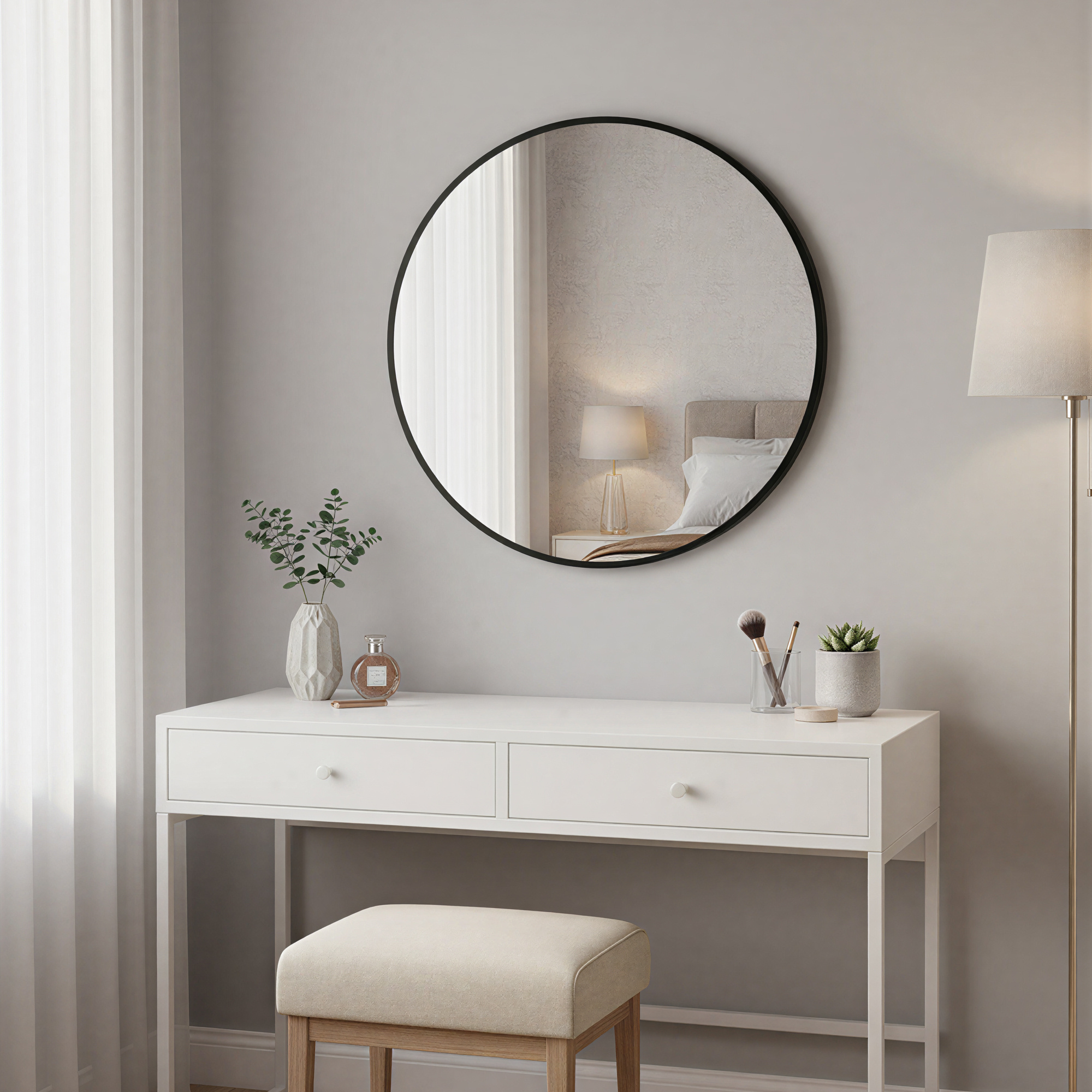 Image of Wand Mirror, Round Mirror, Metal Frame, Modern, For Bathroom, Living Room, Bedroom, Hallway, Black, Diameter 41 Cm