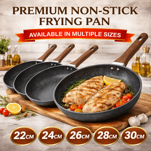 stl frying pan non stick durable wooden handle anti scratch granite coating compatible with induction electric gas ergonomic